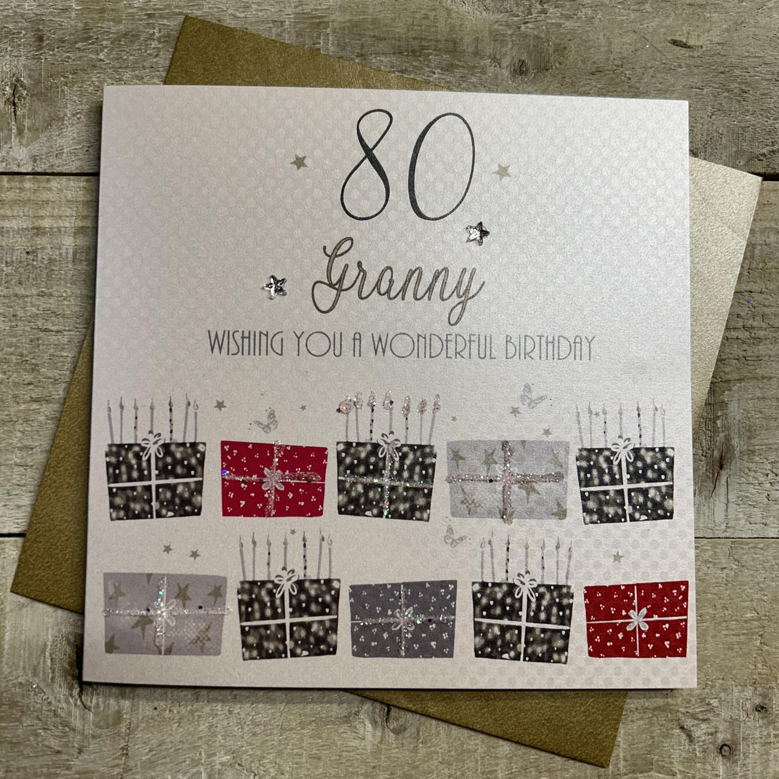 WHITE COTTON CARDS Geburtstagskarte „Granny 80“ – Handgefertigt, 16x16 Cm, Mit Strass & Glitzer, Inkl. Umschlag