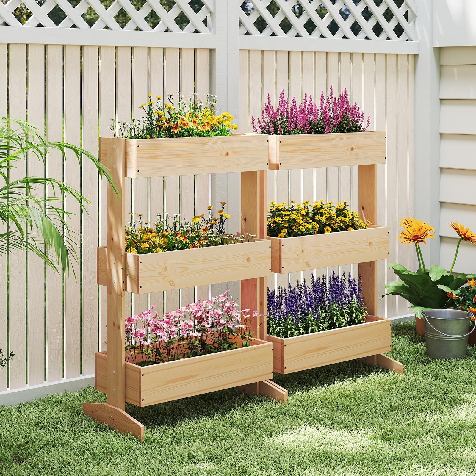 COSTWAY Jardinera Vertical de Madera, Huerto Urbano Terraza de 3 Niveles, Jardinera Flores Plantas Soporte, 69 x 39 x 109 cm, Caja de Plantación para Jardín Balcón, Natural
