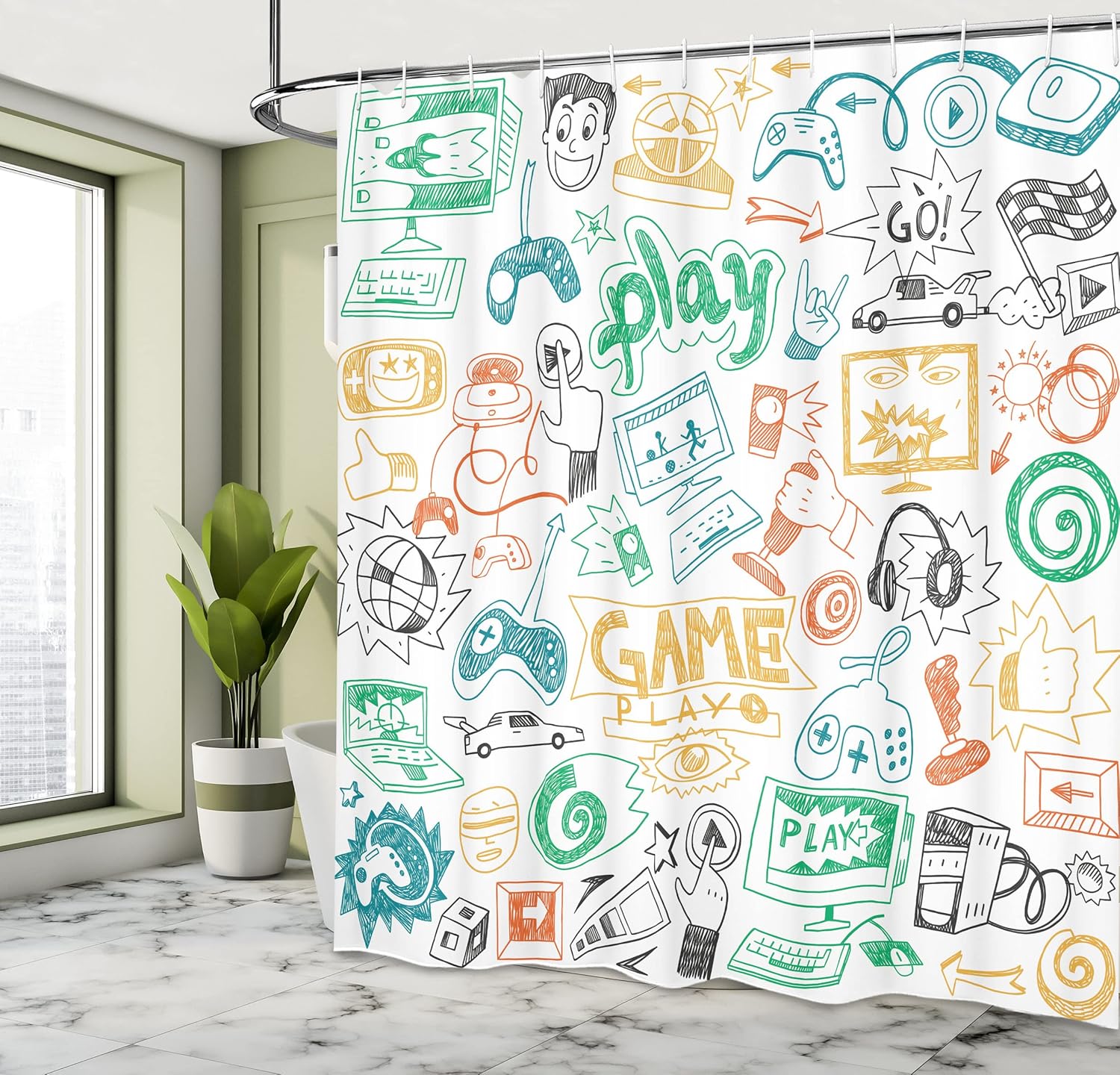 Ambesonne Video Games Shower Curtain, Monochrome Sketch Gaming Design Racing Monitor Device Gadget Teen 90's, Cloth Fabric Bathroom Decor Set with Hooks, 69" W x 75" L, Shamrock Green