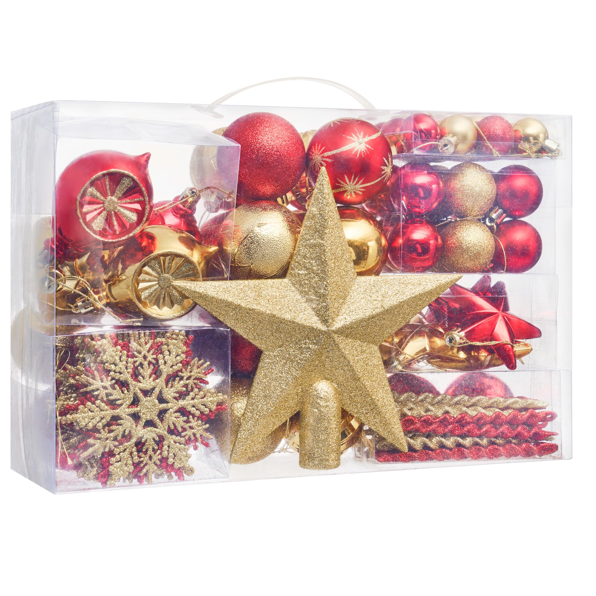 108 Pcs Christmas Tree Baubles Set,Assorted Gold & Red Christmas Balls Gift Box Set-Balls, Icicles,Snowflakes, Stars for Christmas Tree Bauble Hanging Holiday Wedding Party Decoration
