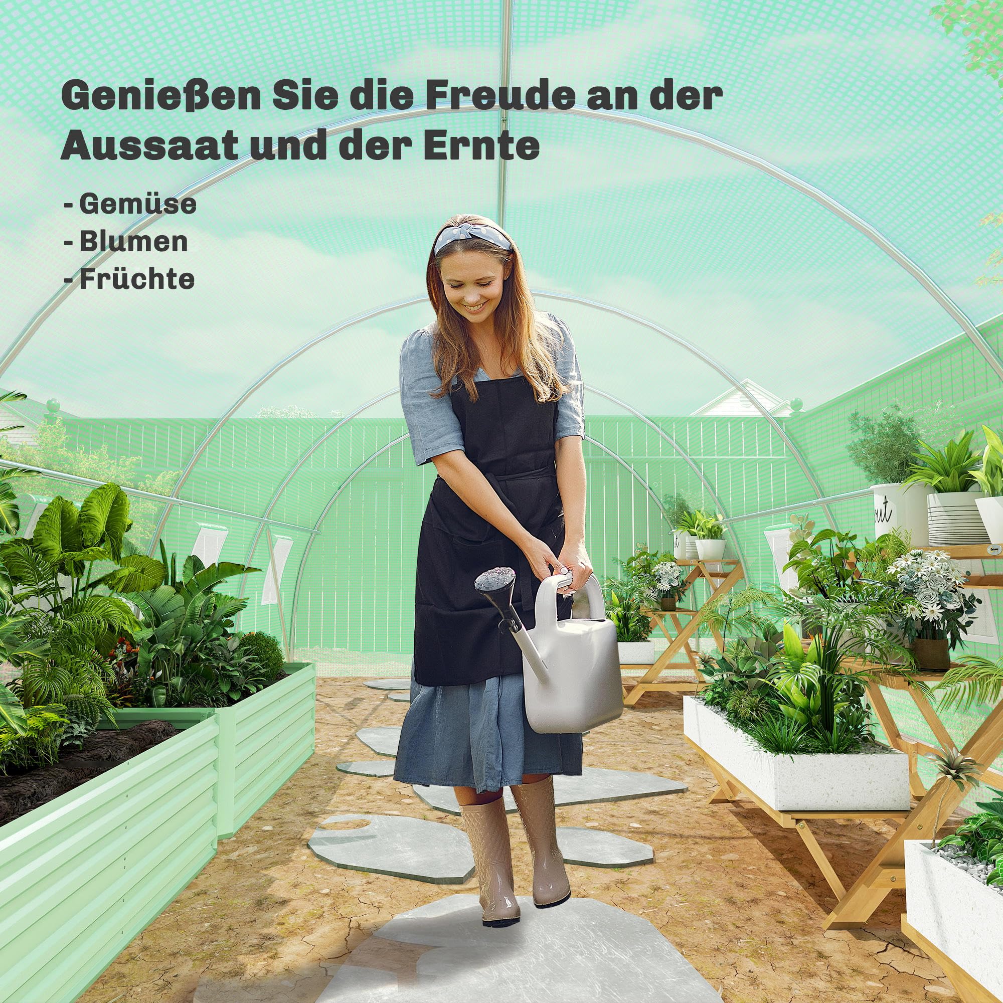 Outsunny Foliengewächshaus begehbares Polytunnel 6 x 3 m Gewächshaus mit 8 Fenster Treibhaus Frostschutz Stahlrohr Dunkelgrün