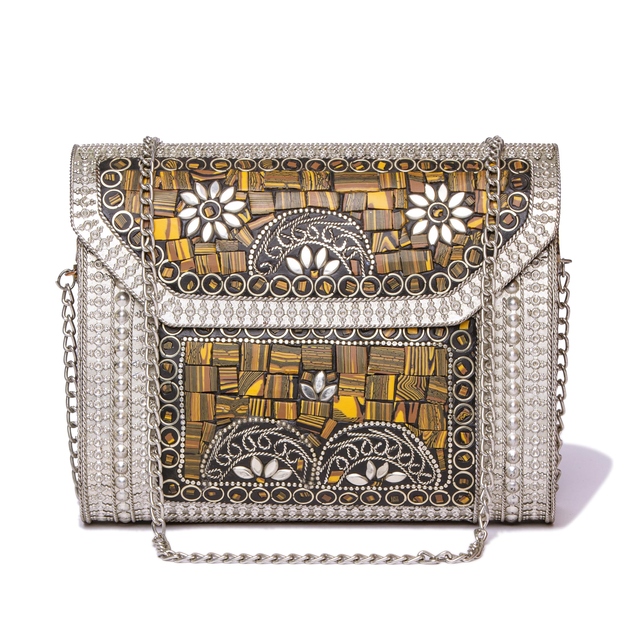 artflyck Silver Metal Square Premium Box Clutch Purse | Cross Body Sling bag for Evening Party, Daily & Regular use | 8in x 4.5in (fits 6in Mobile well)-picture-28