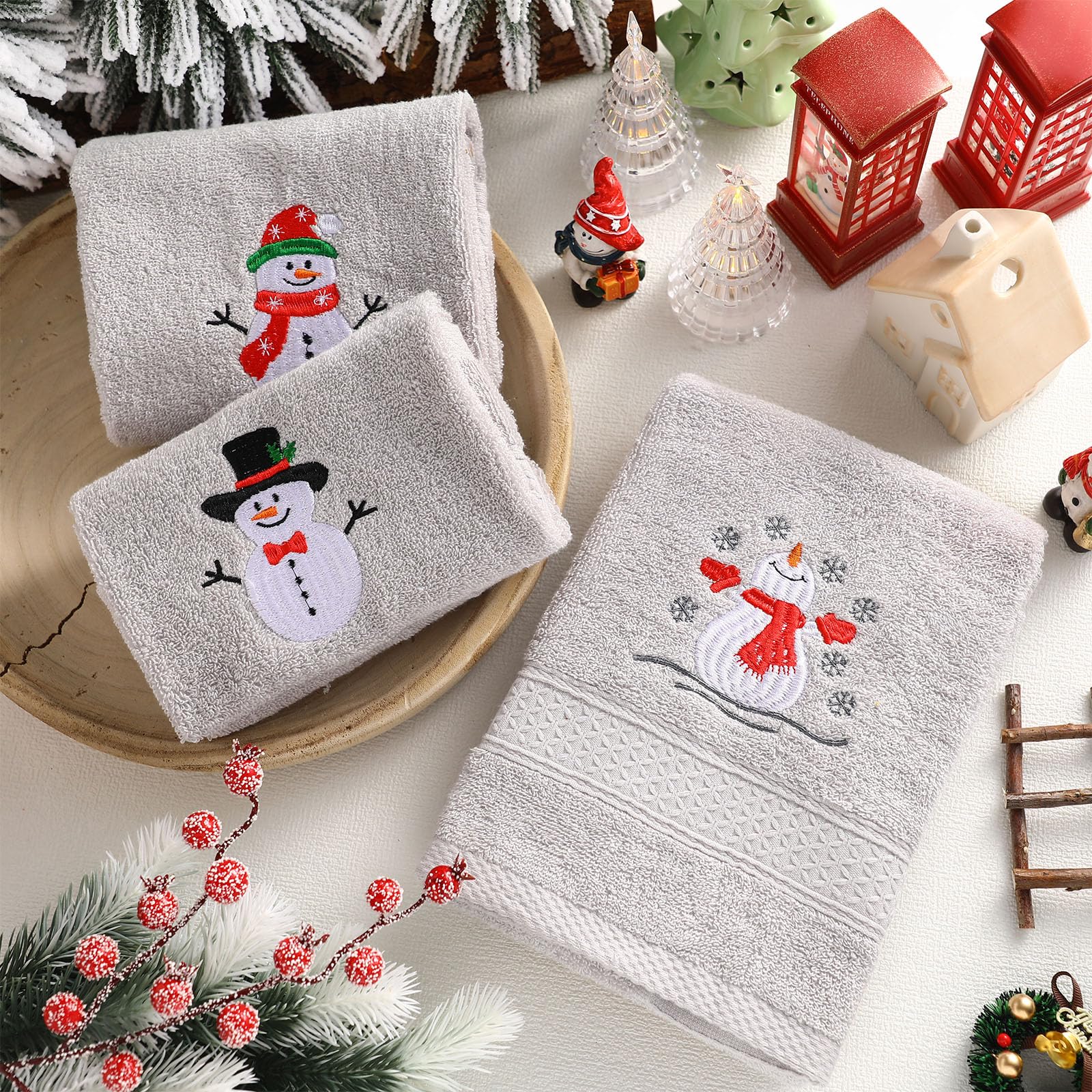 SmoothNovelty 3 asciugamani natalizi con pupazzo di neve per il bagno, in cotone, ricamati, con pupazzo di neve, 33,8 x 74,9 cm, per bagno, doccia, decorazione natalizia per l'inaugurazione della casa
