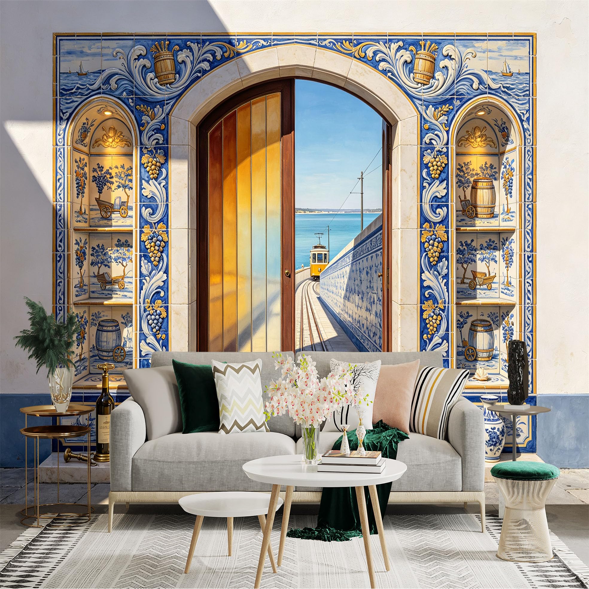 Custom Size Wall Sticker Mural， Mediterranean Tile Archway， Coastal Tram View， Blue Ceramic Floral Pattern， for wall Decoration， peelandstick wall Decals.