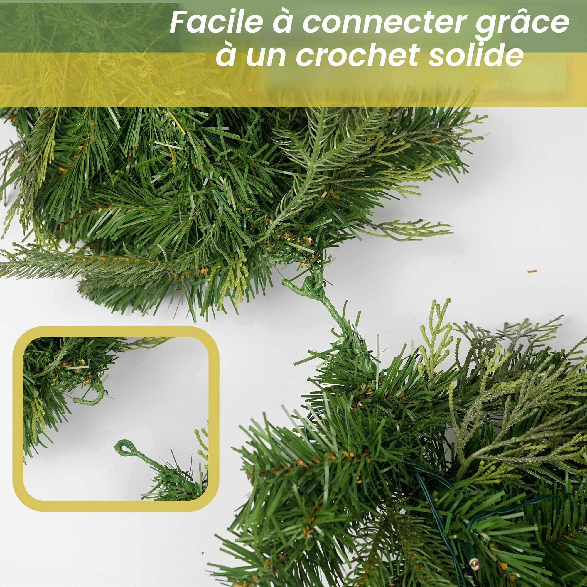 Guirlande de Noël de 2,7 m avec 50 LED, boules dorées et rouges contrôle des piles, décoration de Noël avec minuterie lumineuse pour cheminée d'escalier intérieur et extérieur
