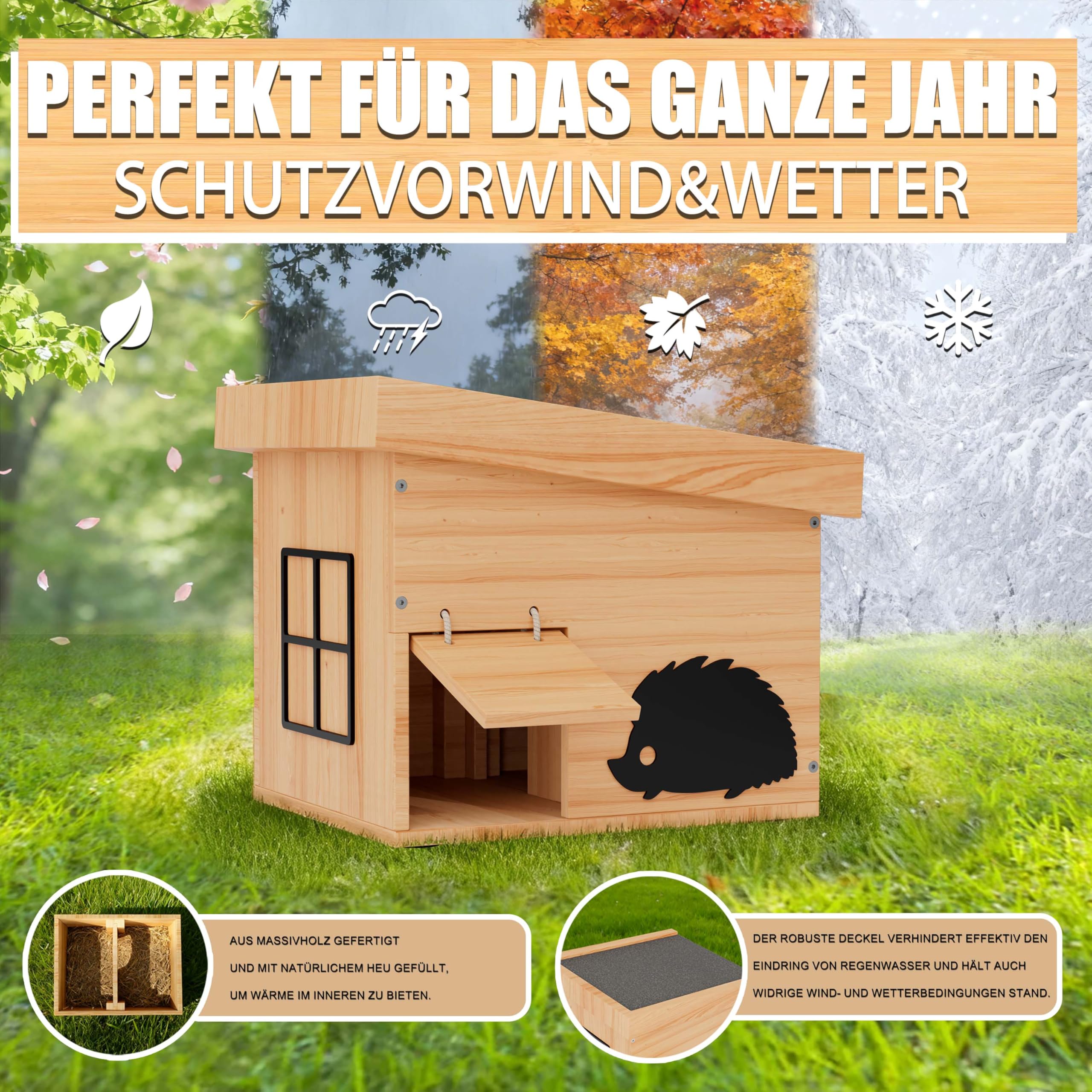 Mihoho Igelhaus Winterfest aus Holz, Igelhotel mit Boden, wetterfest, Winterquartier für Igel, Bausatz (Buche)