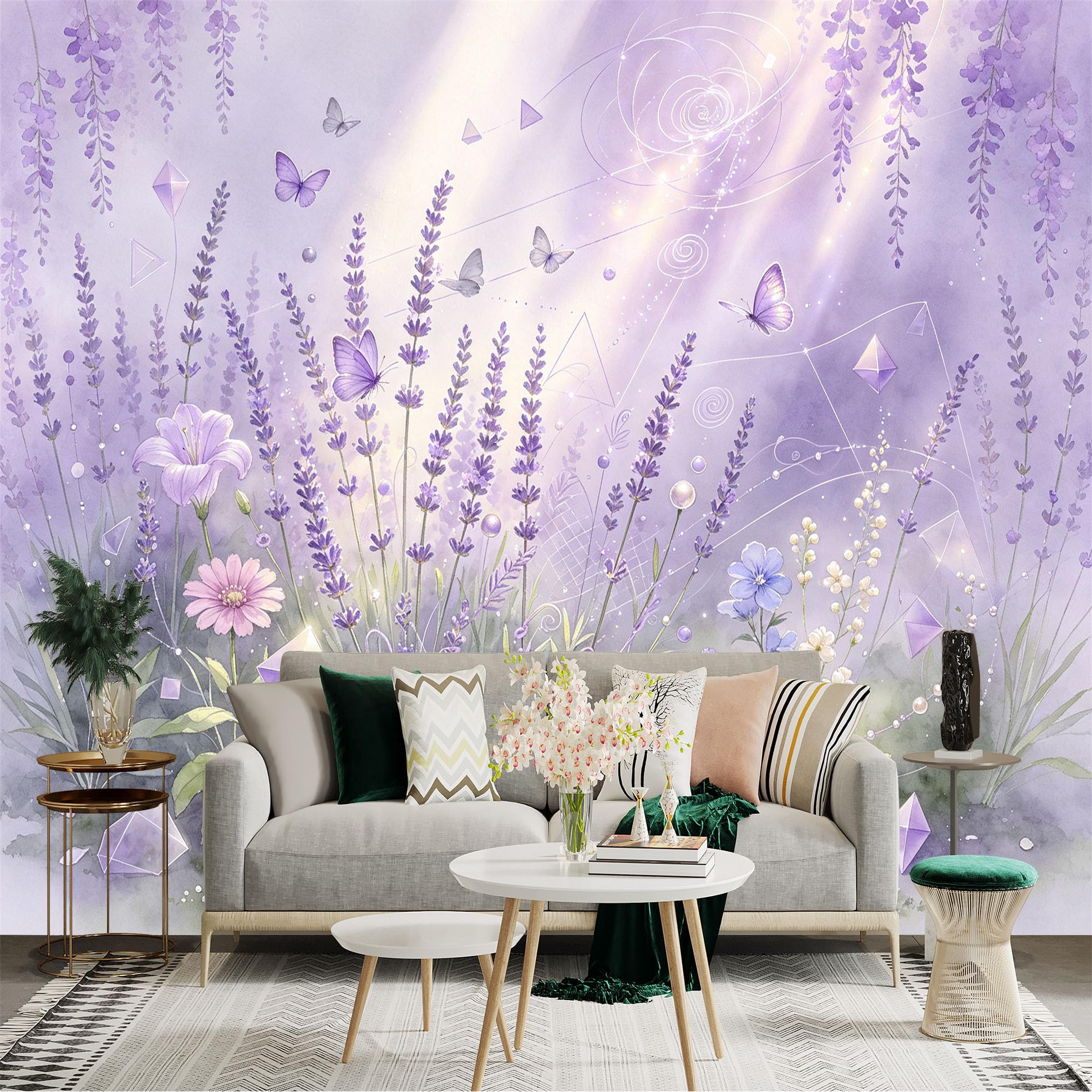 Custom Size Wall Sticker Mural， Dreamy Lavender Garden， Butterflies in Violet Meadow， Soft Floral Watercolor Art， for wall Decoration， peelandstick wall Decals.