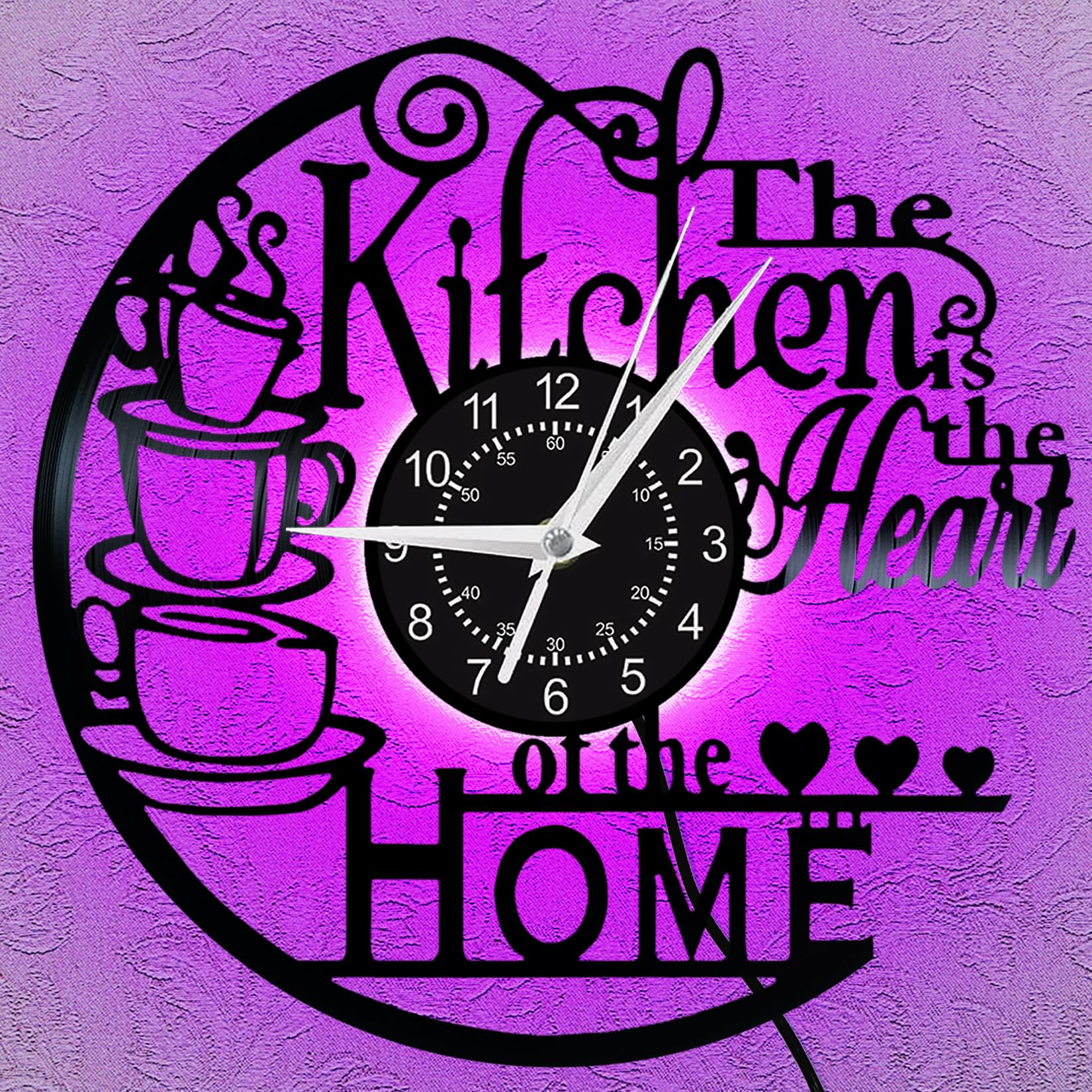Vintage Vinyl Record Wall Clock, Unique Silent Kitchen Heart of Home Theme Clock, Coffee Bar Decor, Kitchen Living Room Decor, Christmas Valentine'S Day, New Year Gift for Women Wife (With LED, C)