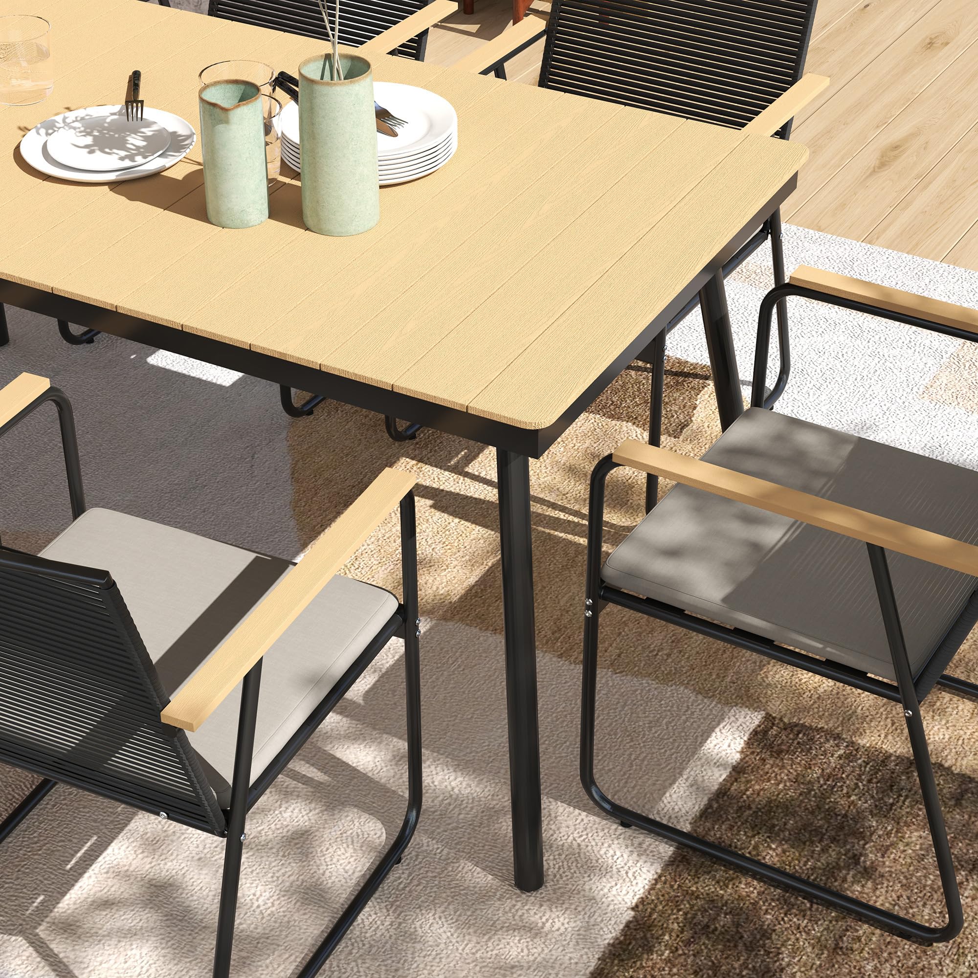 Outsunny Sitzgruppe 7-TLG. Metall Essgruppe 6Per. Gartenmöbel-Set Naturholz | Esstisch, Tisch mit 6 Stühlen, Esszimmergruppe, Küchentisch-Set mit Metallgestell, Balkonmöbel