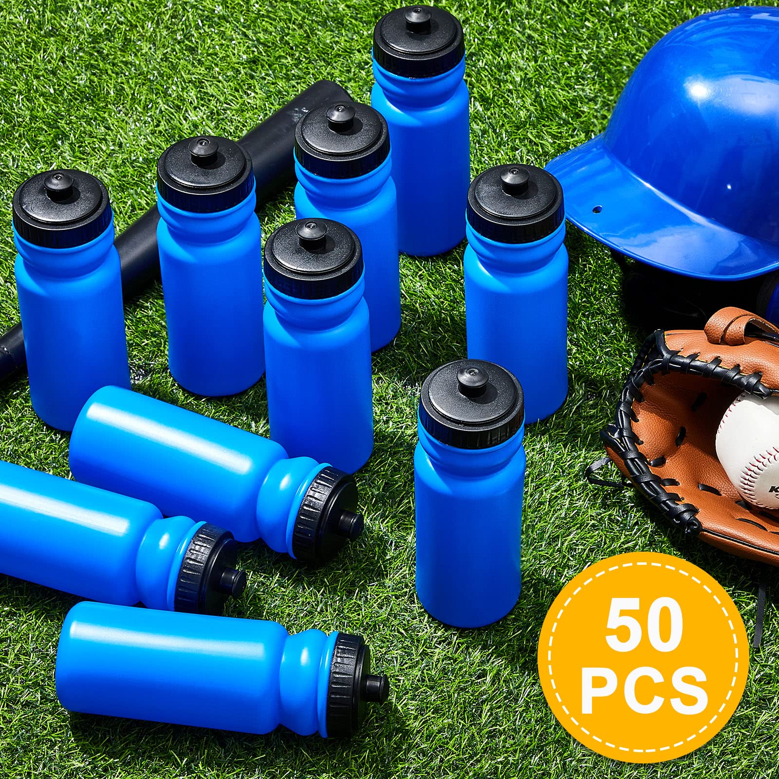 Lot de 50 bouteilles d'eau de sport de 591 ml - Réutilisables - En plastique sans BPA - Pour grands événements sportifs - Garçons et filles - Adultes (bleu-noir)