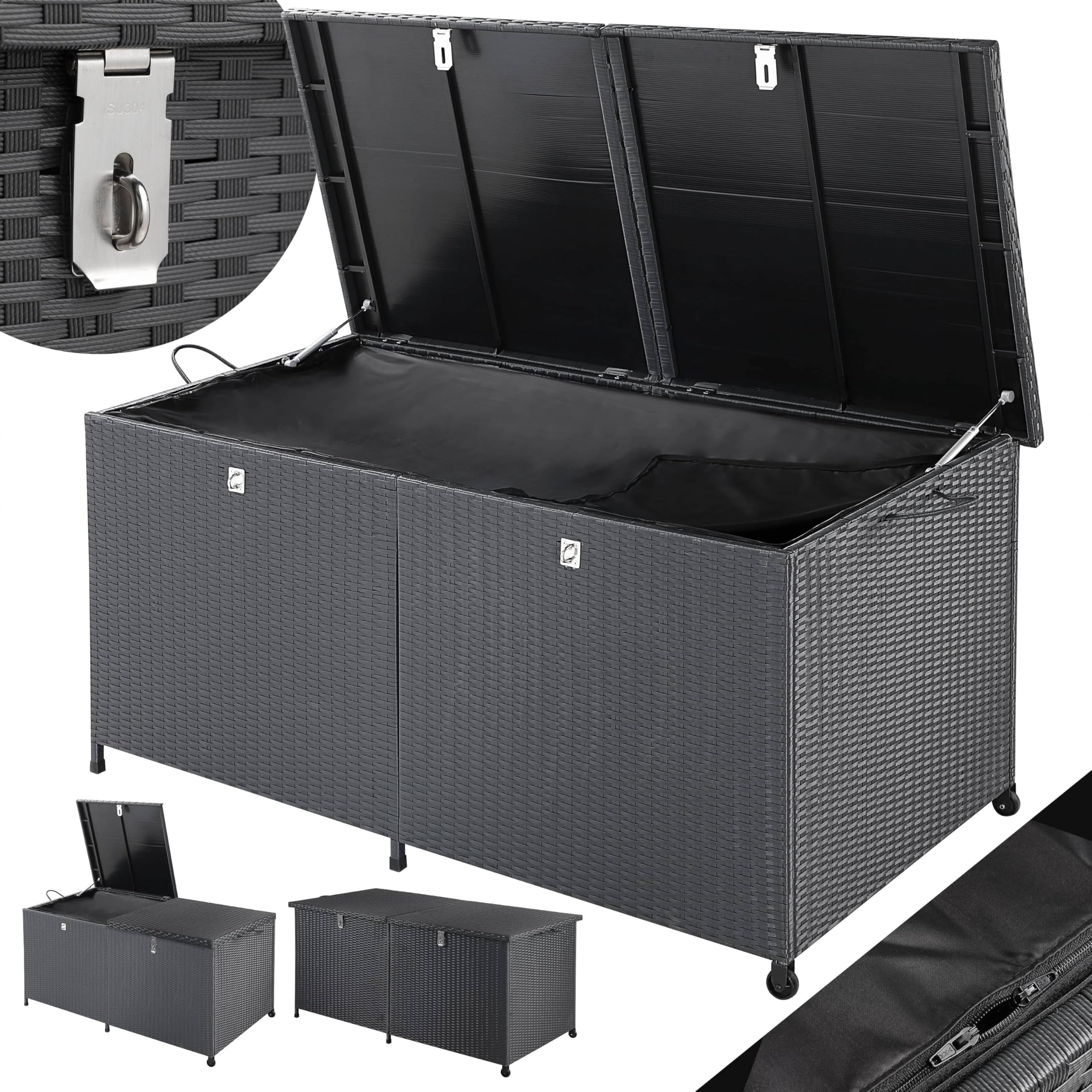 CASARIA® Baúl de Jardín de Poliratán XXL 625L Negro con Ruedas Arcón de Jardín Impermeable 150x77x73cm