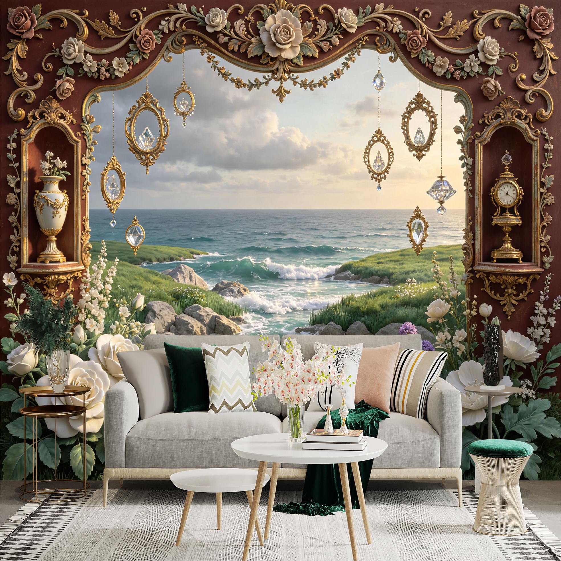 Lnzczhyre Bh260719553 Custom Size Wall Sticker Mural， Vintage Floral Arch With Crystal Ornaments， Ocean View And Coastal Scenery， For Wall Decoration， Peelandstick Wall Decals.