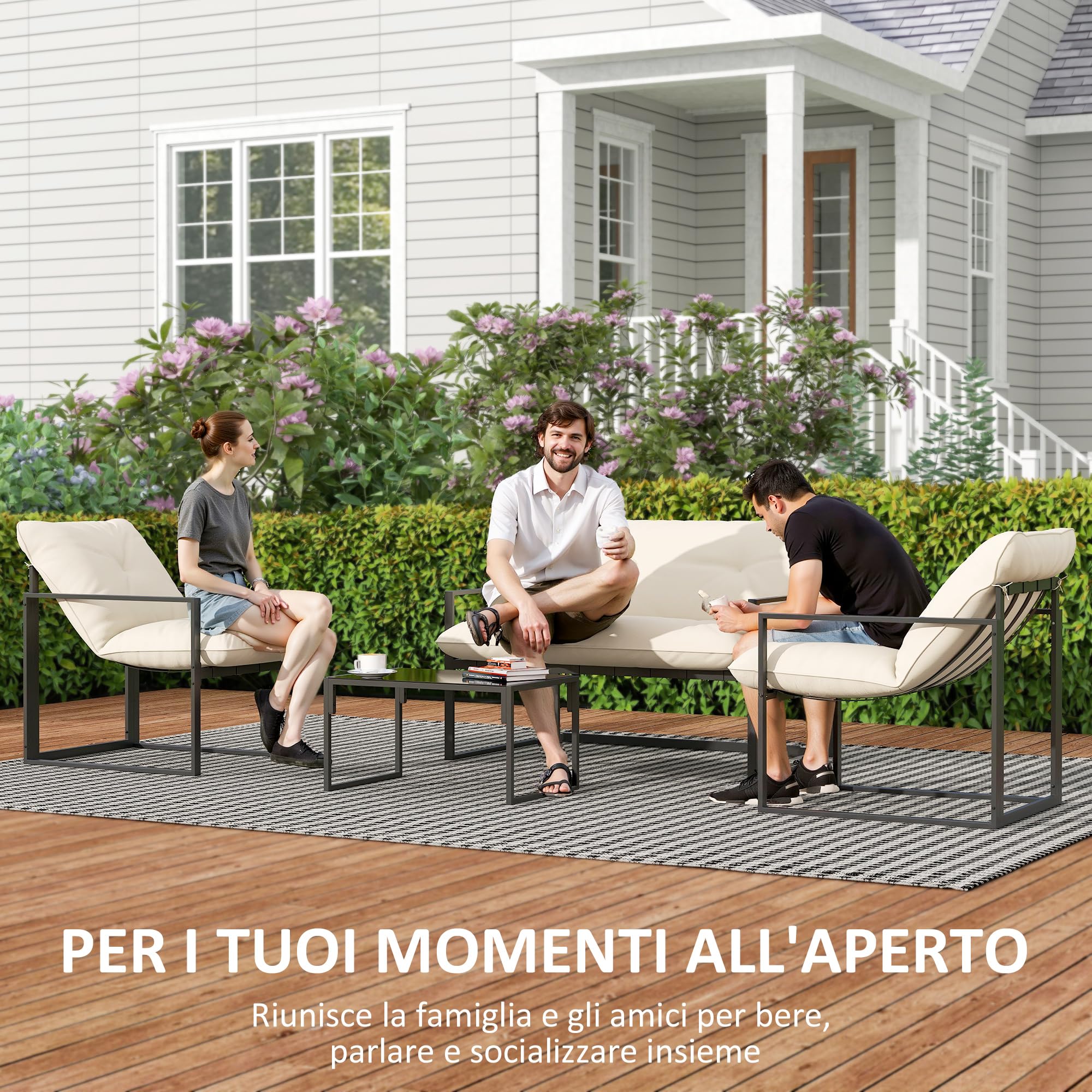 Outsunny Set Salotto da Giardino da 4 Pezzi, Set di Mobili con Divanetto a 2 Posti, 2 Poltrone, Cuscini e Tavolino da Caffè in Vetro, Struttura in Acciaio, Beige e Grigio