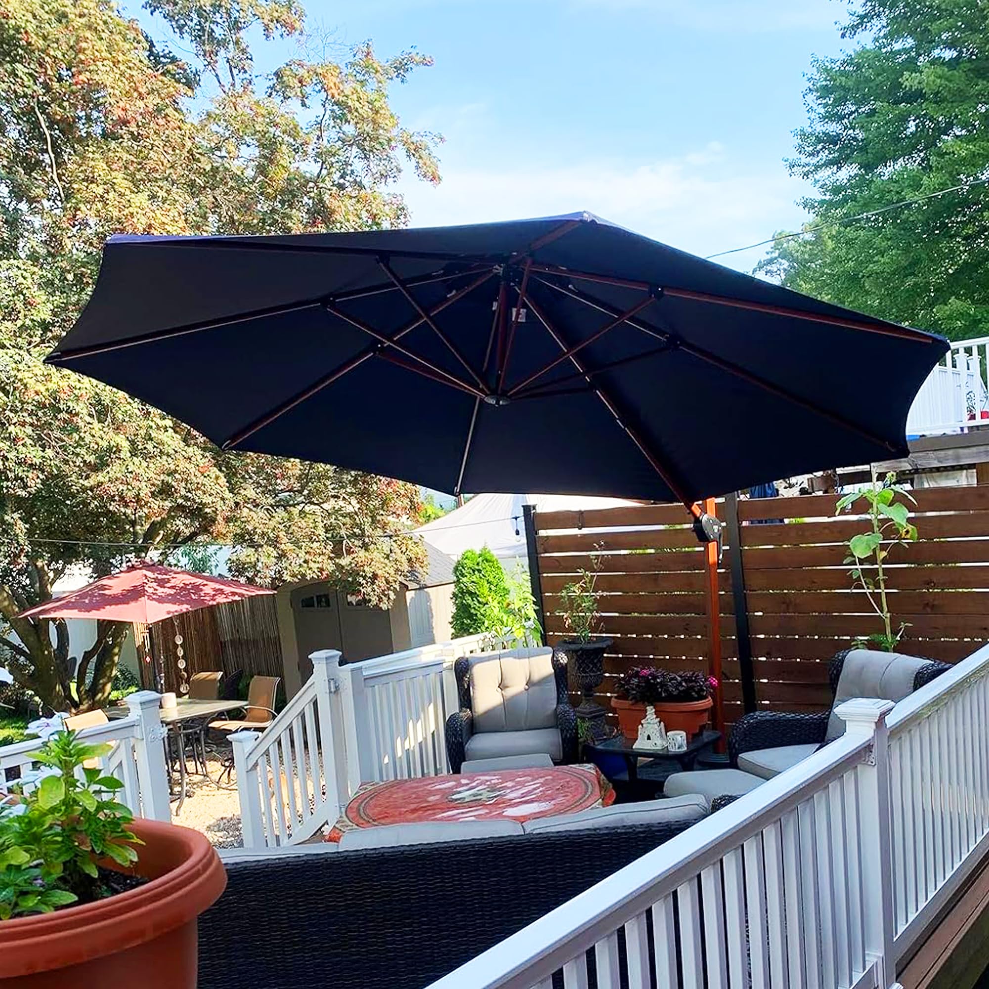 PURPLE LEAF Cantilever Outdoor Umbrella 12ft Wood-Grain Finish, Navy Blue