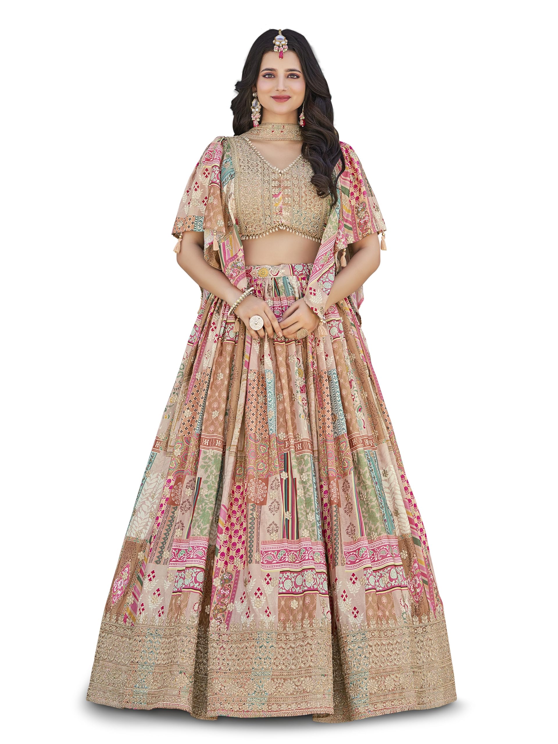 Women's Digital Print with Zari Dori Embroidery Work Chinnon Silk Lehenga Choli With Dupatta,Semi-Stitched Embroidered Flared Ethnic Set for Wedding, Party & Festive 1pc-picture-41