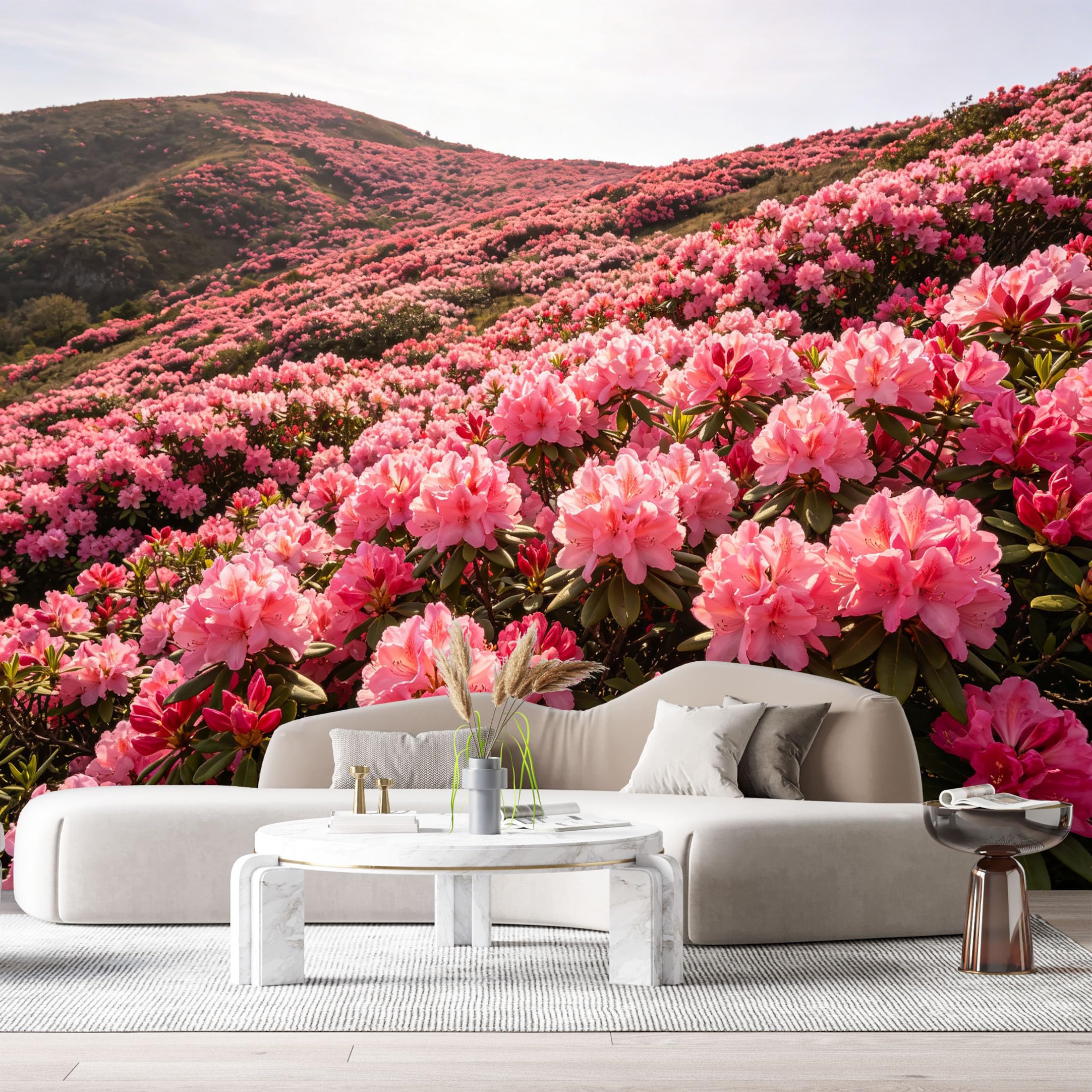 Custom Size Wall Murals Blooming Pink Rhododendron Hills Landscape Botanical Flower Field SelfAdhesive Wall Fabric Removable Large Wallpaper for Photo Living Room