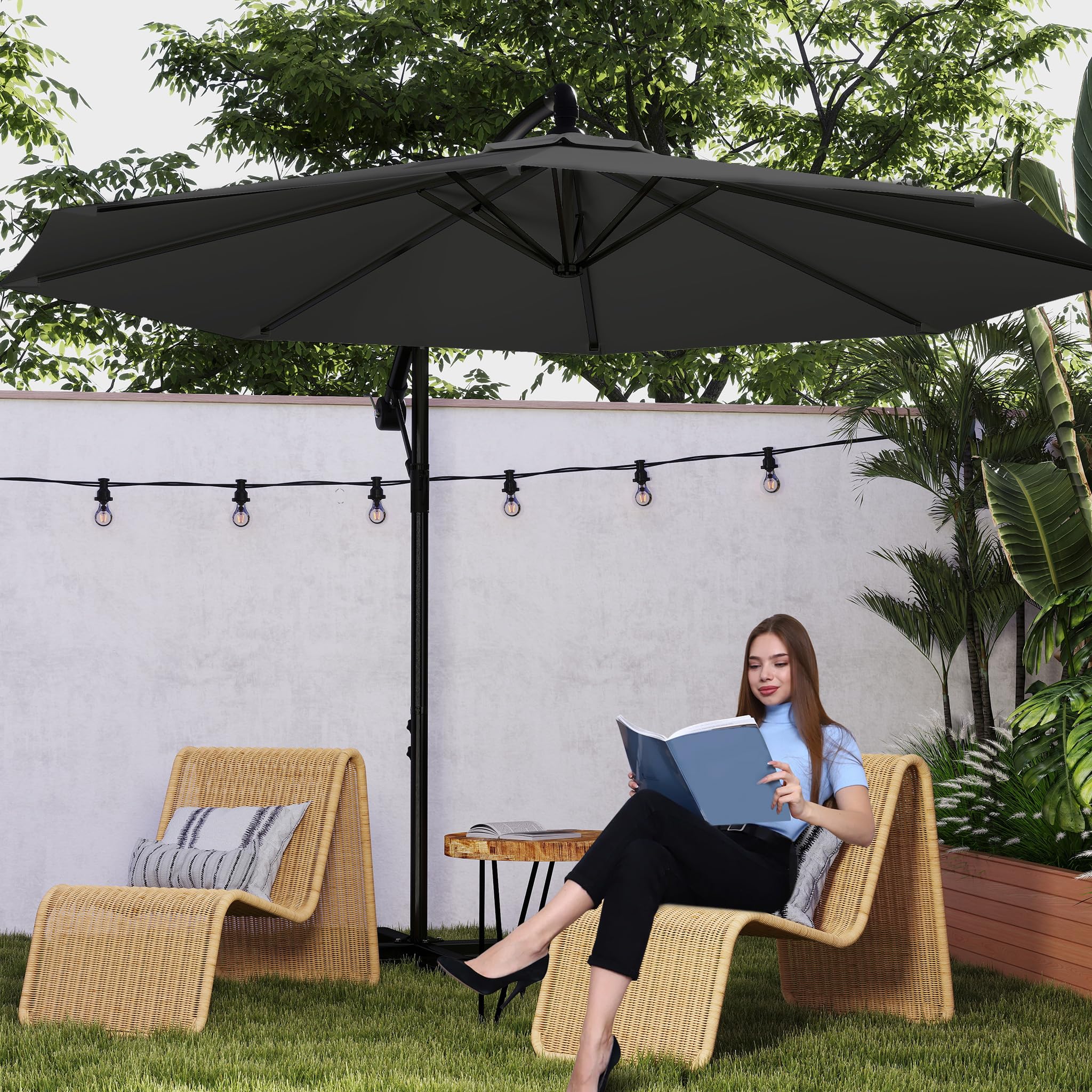 Froadp Parasol przeciwsłoneczny z regulacją wysokości z korbką, aluminiowy, ochrona przed słońcem, ochrona przed wiatrem, osłona ogrodowa, wodoszczelny, na patio, taras, Ø 300 cm, ciemnoszary