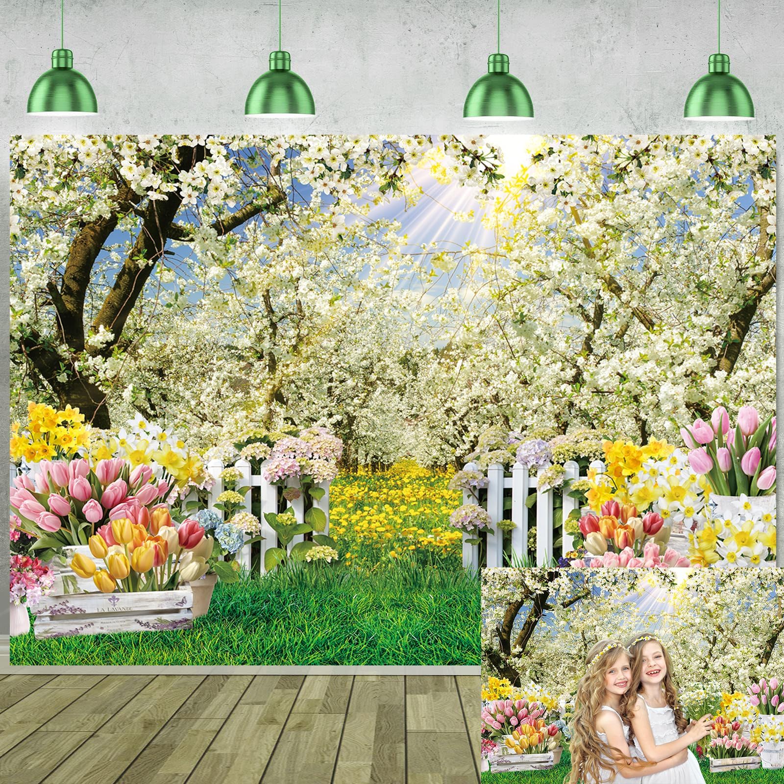Spring Backdrop White Flowers Forest Tree Spring Garden Natural Scenery Easter Photography Background Kids Baby Shower Wedding Birthday Party Decorations Banner Photo Props (7x5FT)
