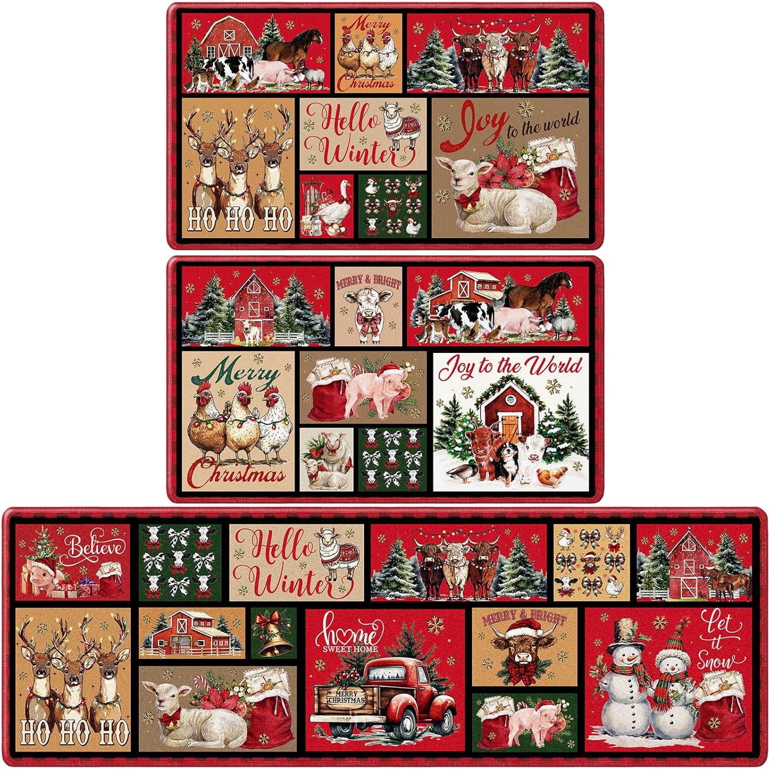 Merry Christmas Kitchen Rugs Set of 3, Animals Xmas Kitchen Mats Decor Non Slip, Hello Winter Washable Decorative Doormat Set for Home Decor(16 X 28 + 16 X 47 Inches)