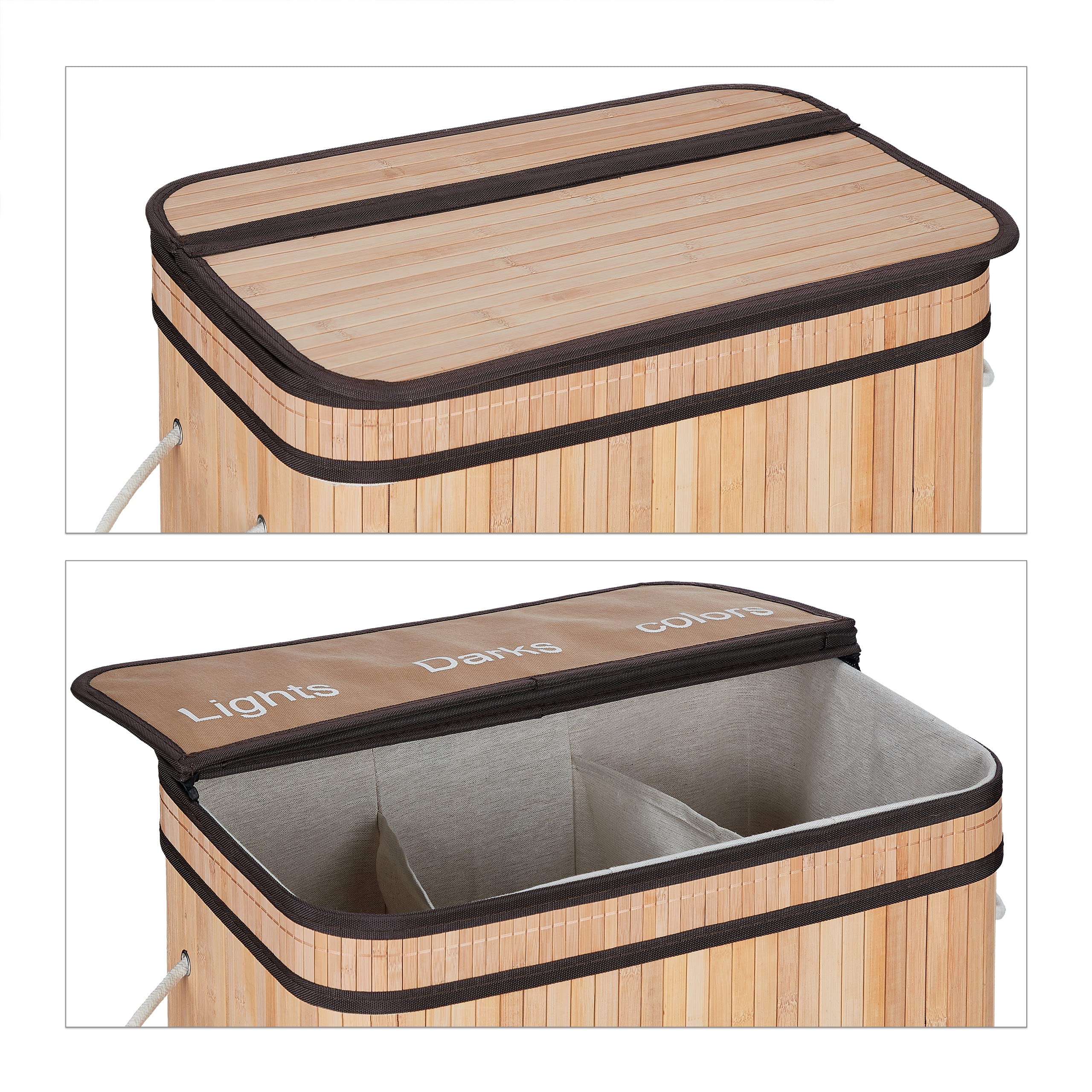 Relaxdays Cesto Portabiancheria, in bambù, Contenitore con 3 Scomparti da 30 L, Coperchio e Manici 63x55x35 cm, Naturale