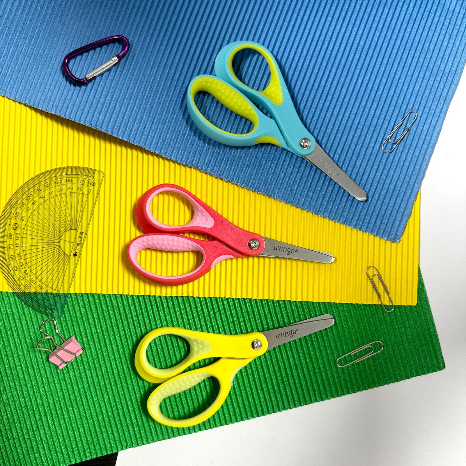 LIVINGO Tijeras para zurdos, 12,7 cm, punta roma, acero inoxidable, tijeras de seguridad para niños, niños pequeños, aulas, papel de manualidades, amarillo, rosa, azul, paquete de 3