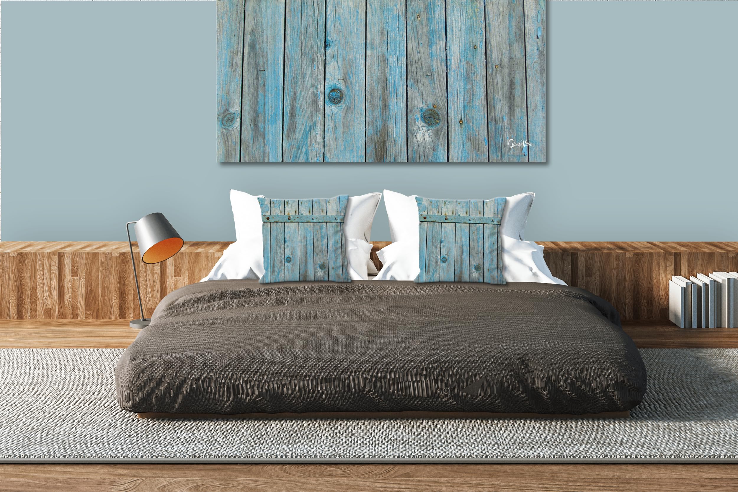 Hinter der Tür - Foto-Kissen-Hülle Set (2 STK.) 40 x 40 cm | Kissen-Bezüge - passend zu Wandbild - Deko-Kissen - Holz Tür Struktur blau
