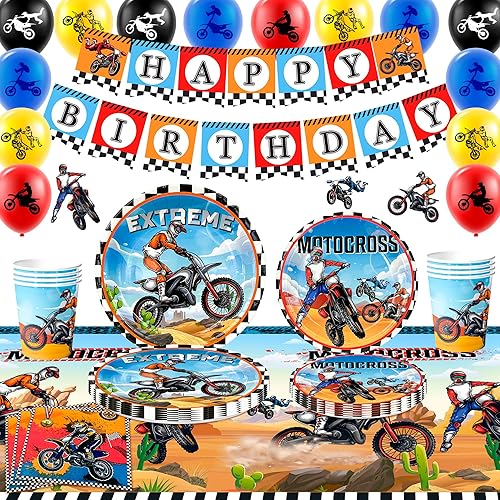 Suministros de decoración de fiesta de cumpleaños de motocross, 10 invitados, decoración de cumpleaños de motocicleta, vajilla de fiesta de