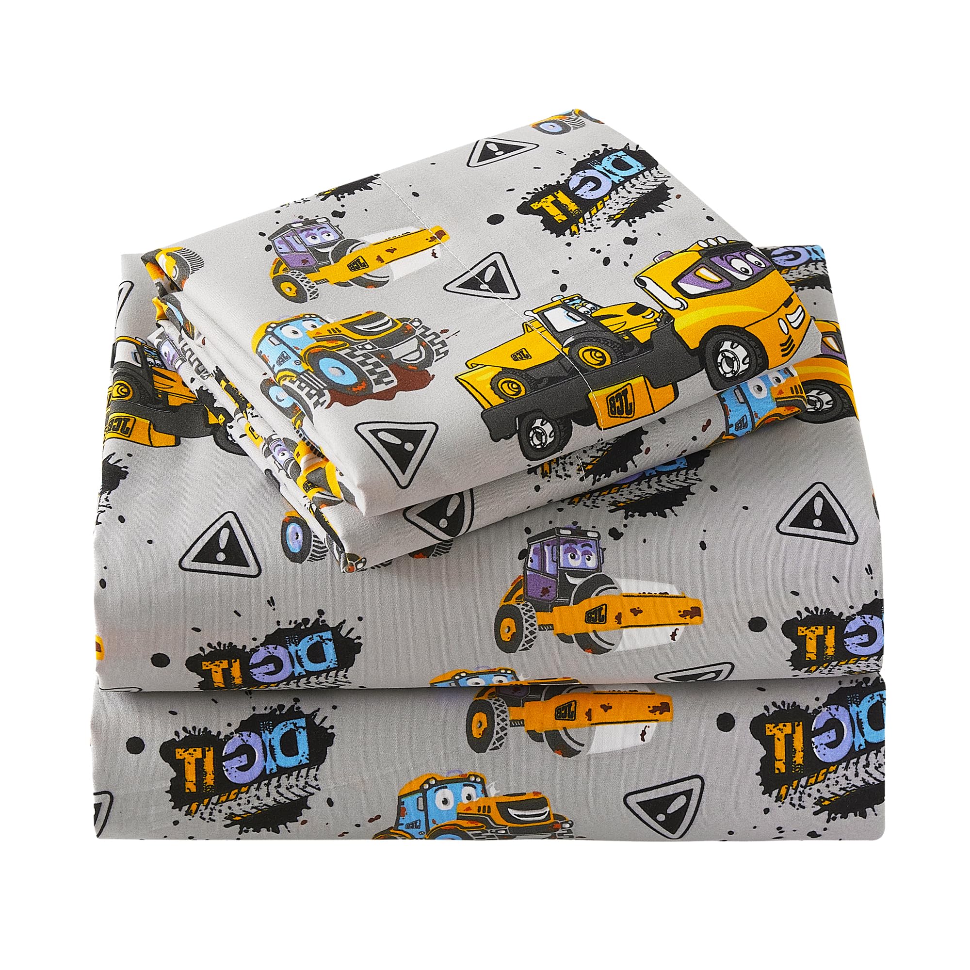 Viviland 3 Pieces Boys Grey Truck Twin Sheet Set - Soft Microfiber Fitted Flat Sheets &amp; Pillowcase Bed Sheet Set - Heavy Duty Vehicle Print Bedding Sets for Kids