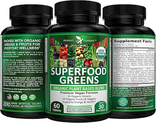 Miniatura 9 de Potent Garden Suplemento orgánico de superalimentos, frutas y verduras rico en vitaminas y antioxidantes con alfalfa, raíz de remolacha y cereza