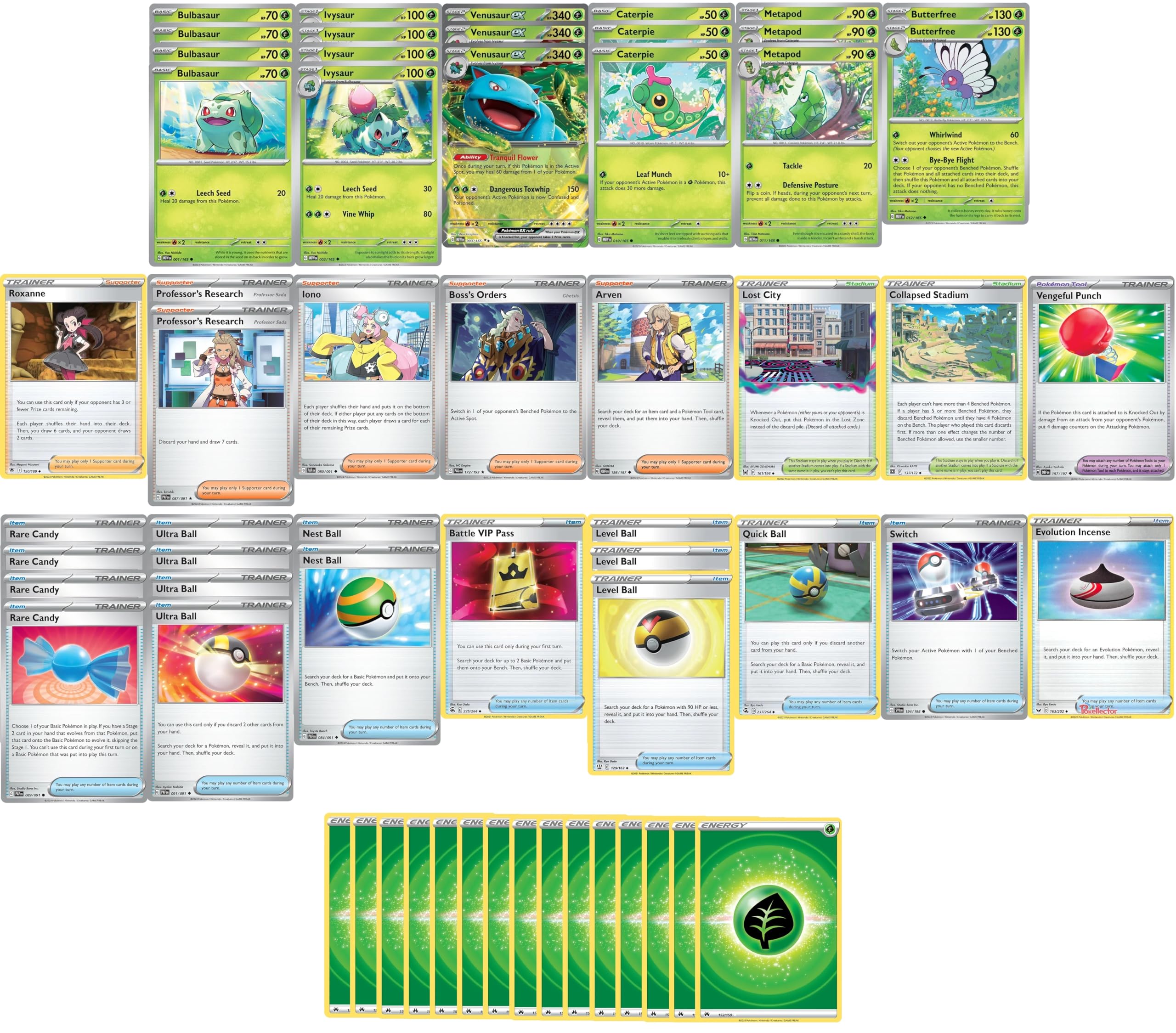 Elite Grass Deck - Bulbasaur Ivysaur Venusaur - Original 151 gen 1 - Custom Built - 60 Card