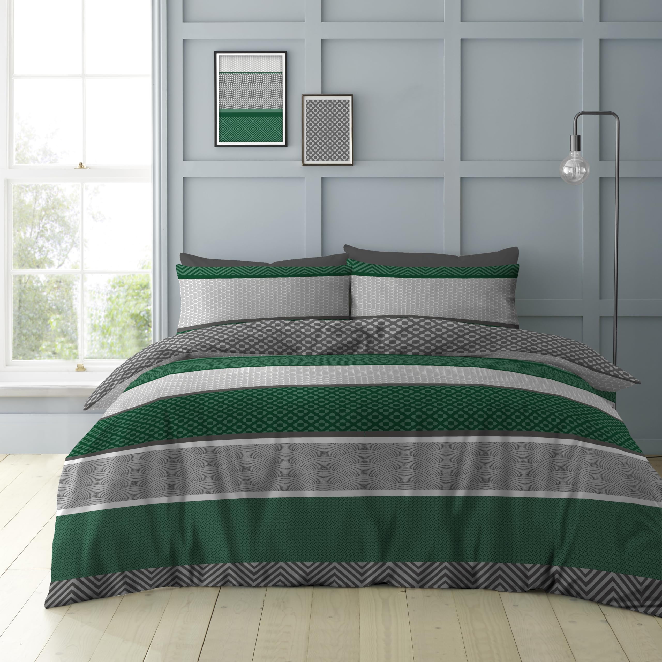 GC GAVENO CAVAILIA Geometrical Bedding Sets King Size Green Duvet Cover | 3Piece Reversible Geometric Stripe Kingsize Duvet Cover Sets (220x230 Cm) | Hypoallergenic Quilt Covers Set With Pillow Cases