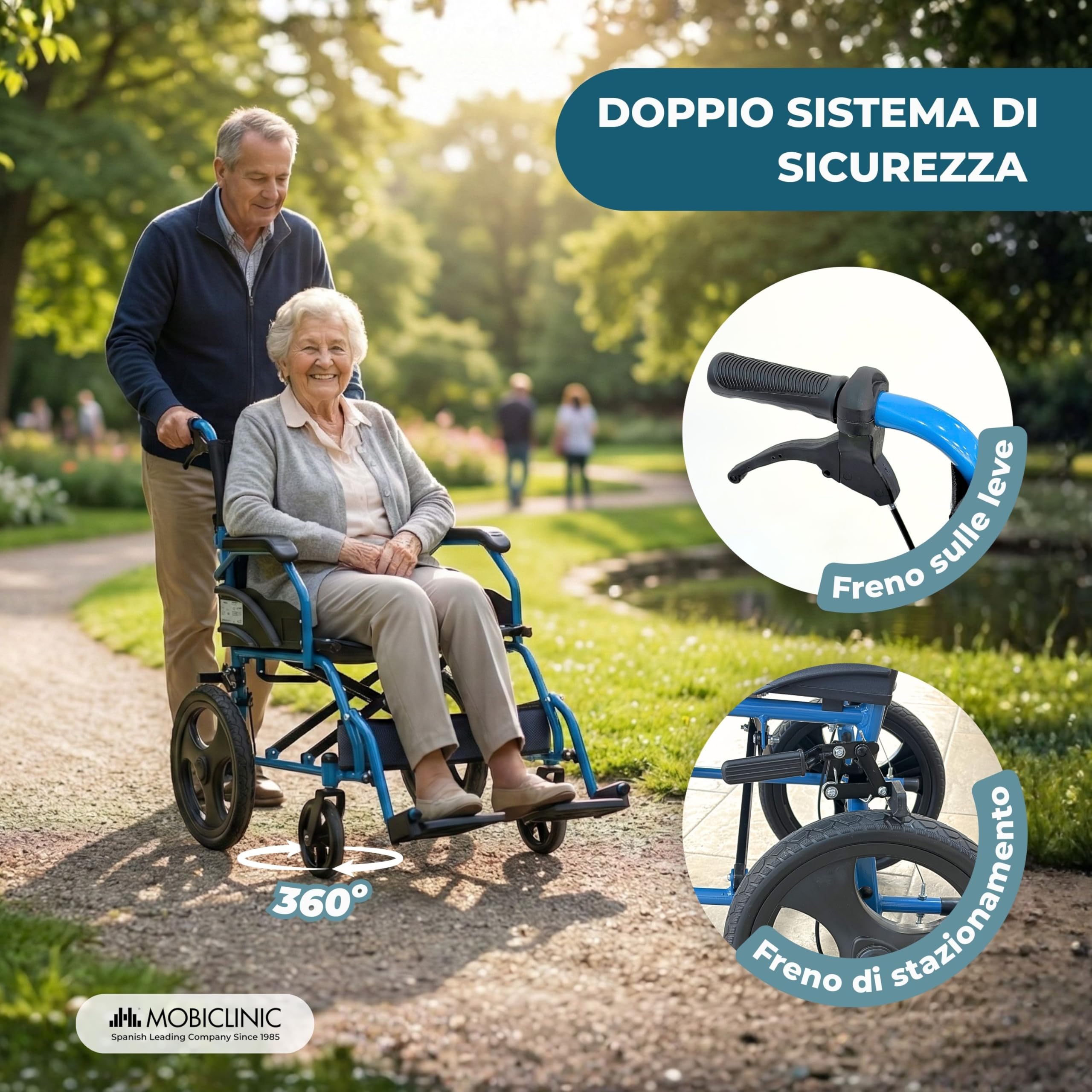 Mobiclinic®, Sedia a Rotelle Pieghevole Leggera, da Transito, Schienale Pieghevole, Poggiapiedi Pieghevoli, Doppio Sistema Frenante, Acciaio Rinforzato, Fino a 100 kg, Leggera e Compatta, Faraón