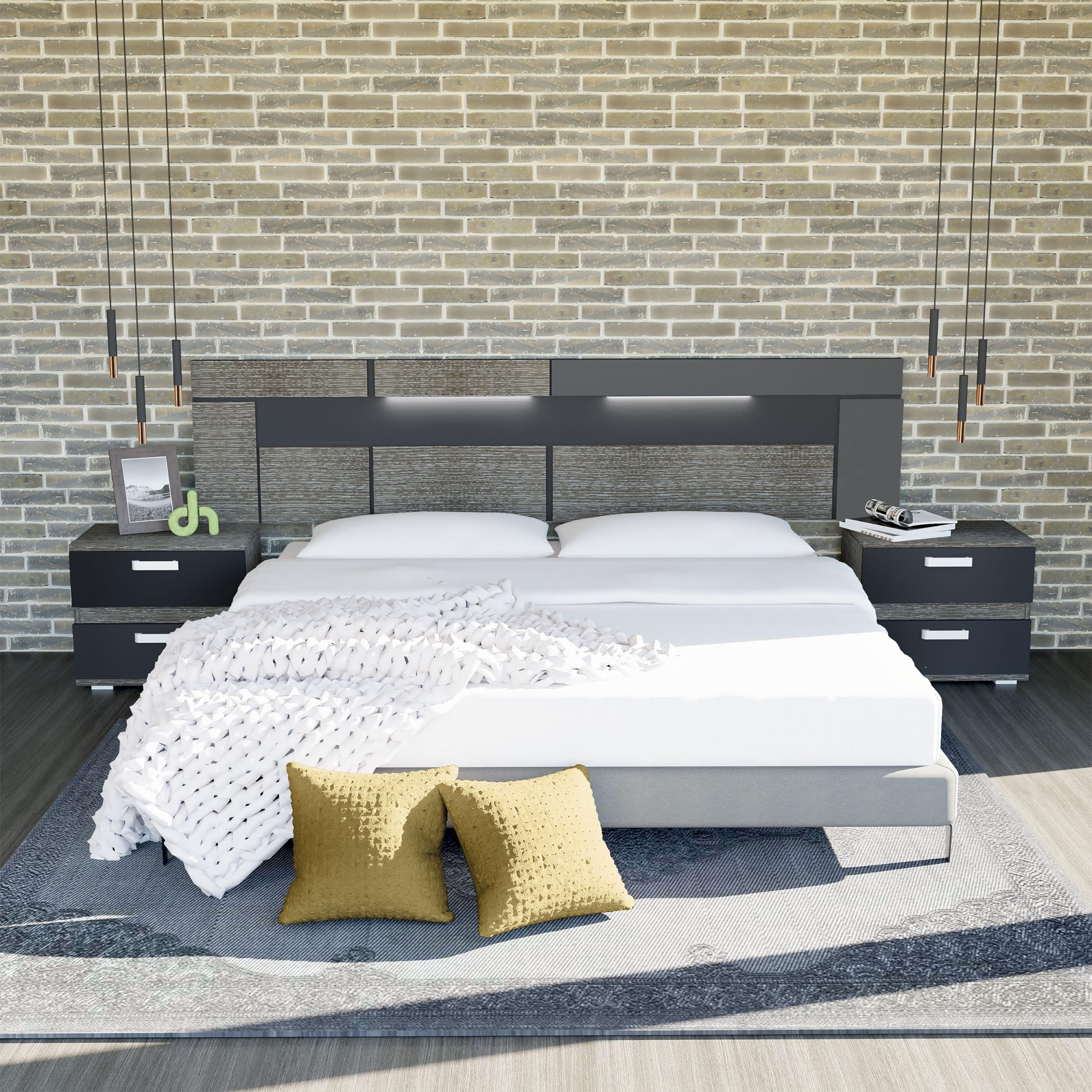 duehome | Pack Cabecero con Leds y 2 Mesitas de Noche, Dormitorio Doble, Dormitorio Completo, Modelo Ataneq Dark, Acabado en Ceniza y Negro