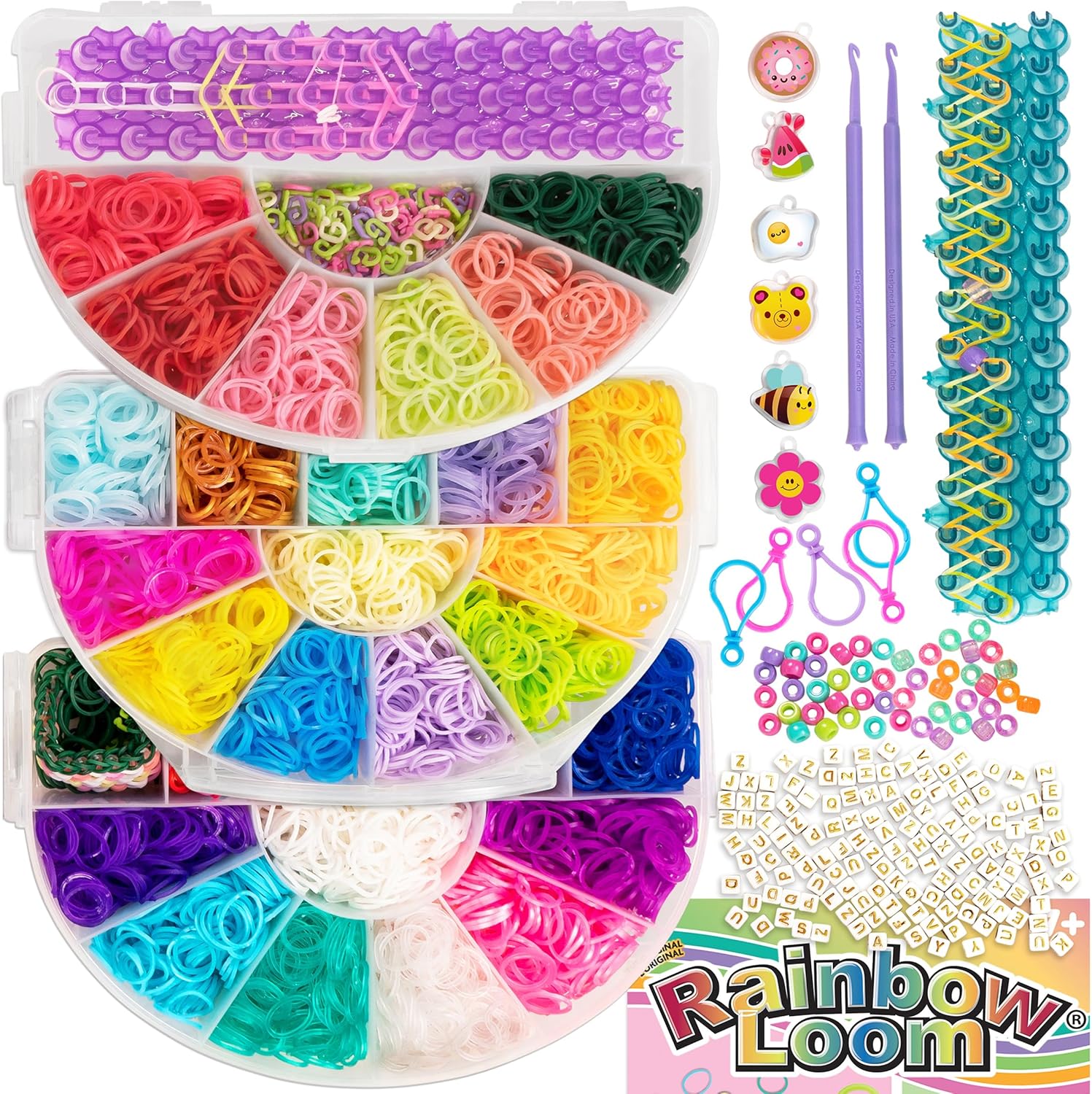Rainbow Loom: 6,000 Bands Mighty Rainbow Case with 2 Mighty Looms, 6 Cute-tique Charms & 50 Beads – DIY Bracelet & Jewelry Making Kit for Kids 7+