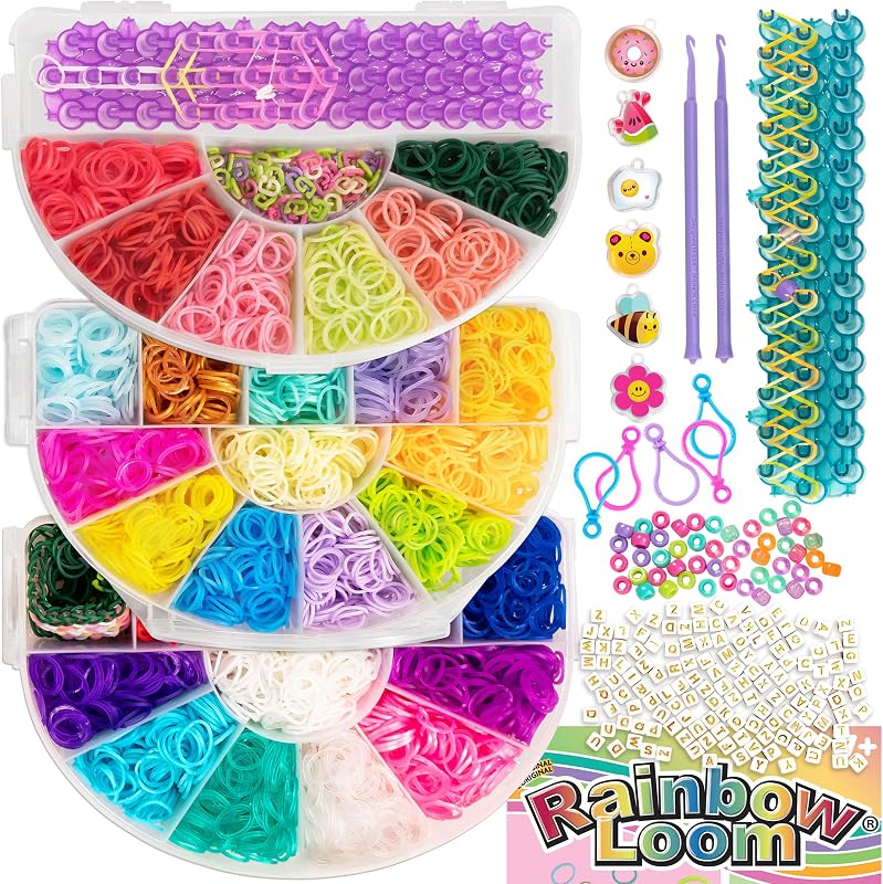 Mighty Rainbow Case - 6,000 Rubber Bands & 2 Mighty Looms | DIY Jewelry Kit with 3-Tiered Storage, 150 Alpha Beads, 50 Pony Beads & 6 Charms for Intricate Bracelet Crafting