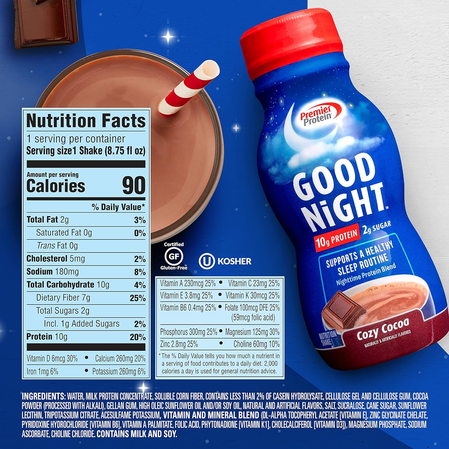 Premier Protein Good Night Protein Shake, Cozy Cocoa, 10g Protein, 2g Sugar, 12 Vitamins & Minerals, Nighttime Protein Blend, Magnesium, Zinc, 8.75 fl oz, 12 Pack : Health & Household