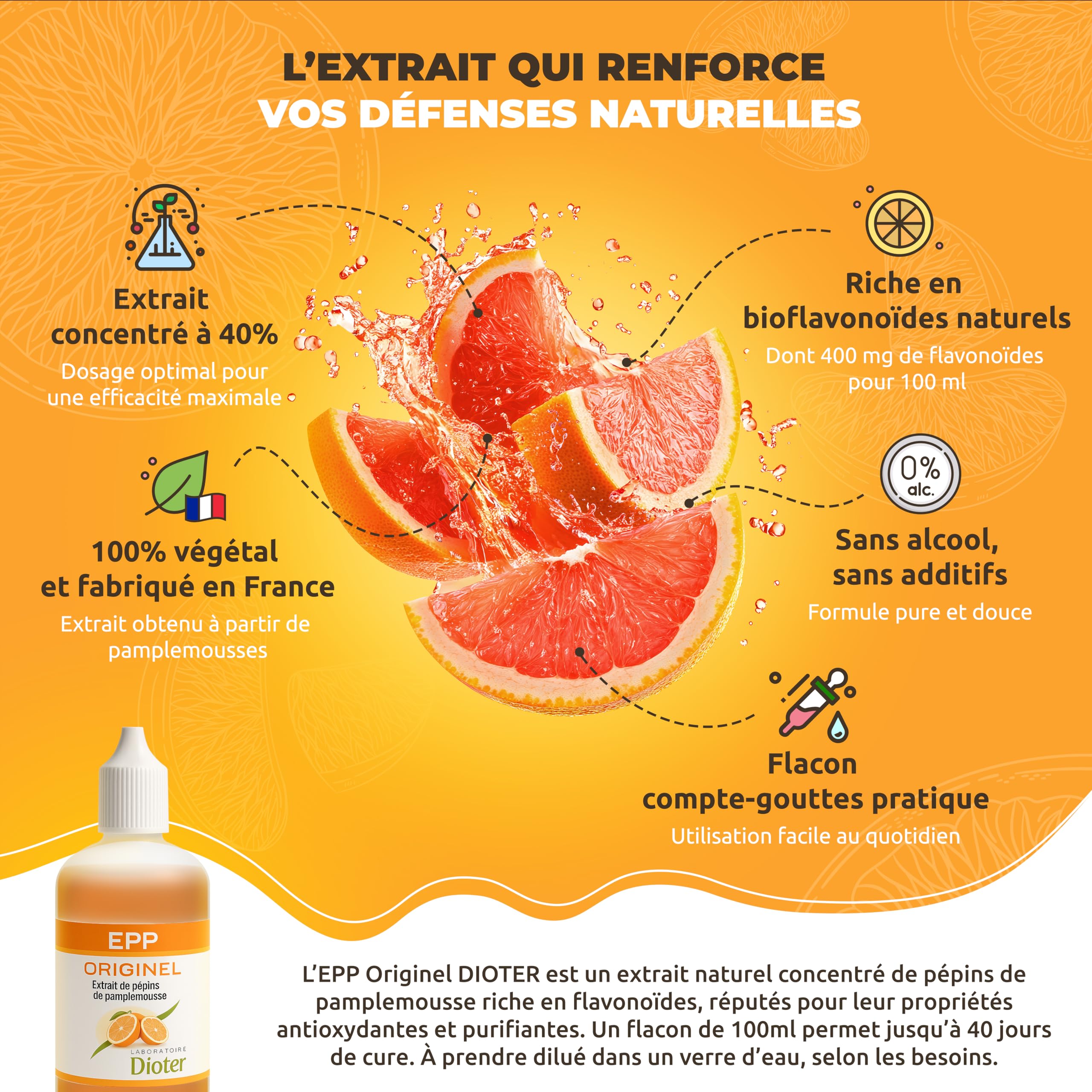 Extrait de Pépins de Pamplemousse Pur 100 ml | Complément Naturel Sans Alcool | Renforce les Défenses Immunitaires | Fabrication Française | Vitamine B9, Sans Conservateur – Laboratoire Dioter