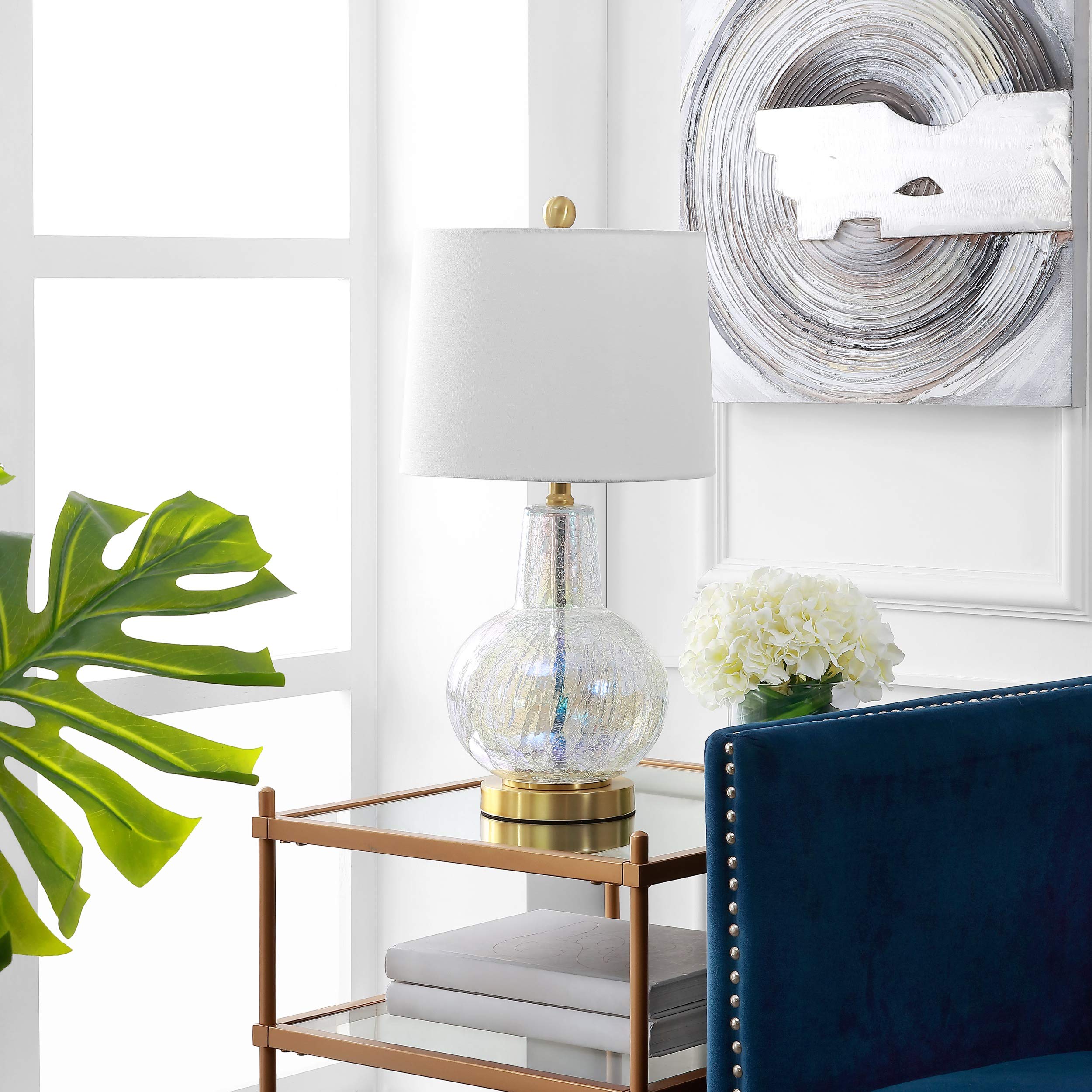 Safavieh Lighting Collection Atlas Luster Crackle/ Light Grey Shade 24-inch Bedroom Living Room Home Office Desk Nightstand Table Lamp (LED Bulb Included)