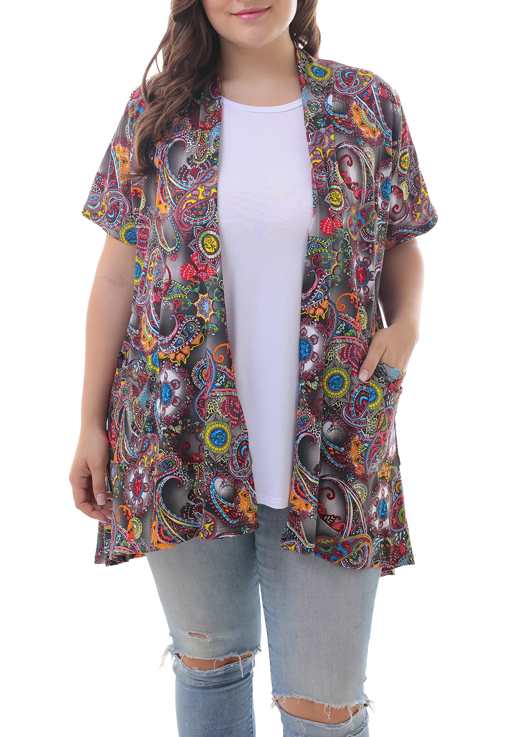 ZERDOCEAN Women's Plus Size Short Sleeve Lightweight Soft Printed Drape Cardigan with Pockets