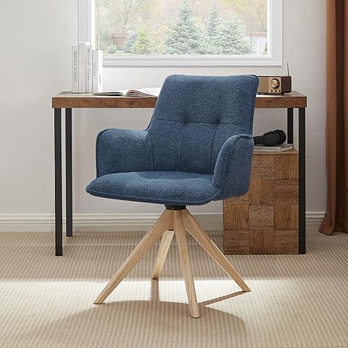 Zouron Silla de escritorio giratoria sin ruedas, silla de oficina tapizada con patas de madera de roble, sillón moderno para espacios pequeños, Azul