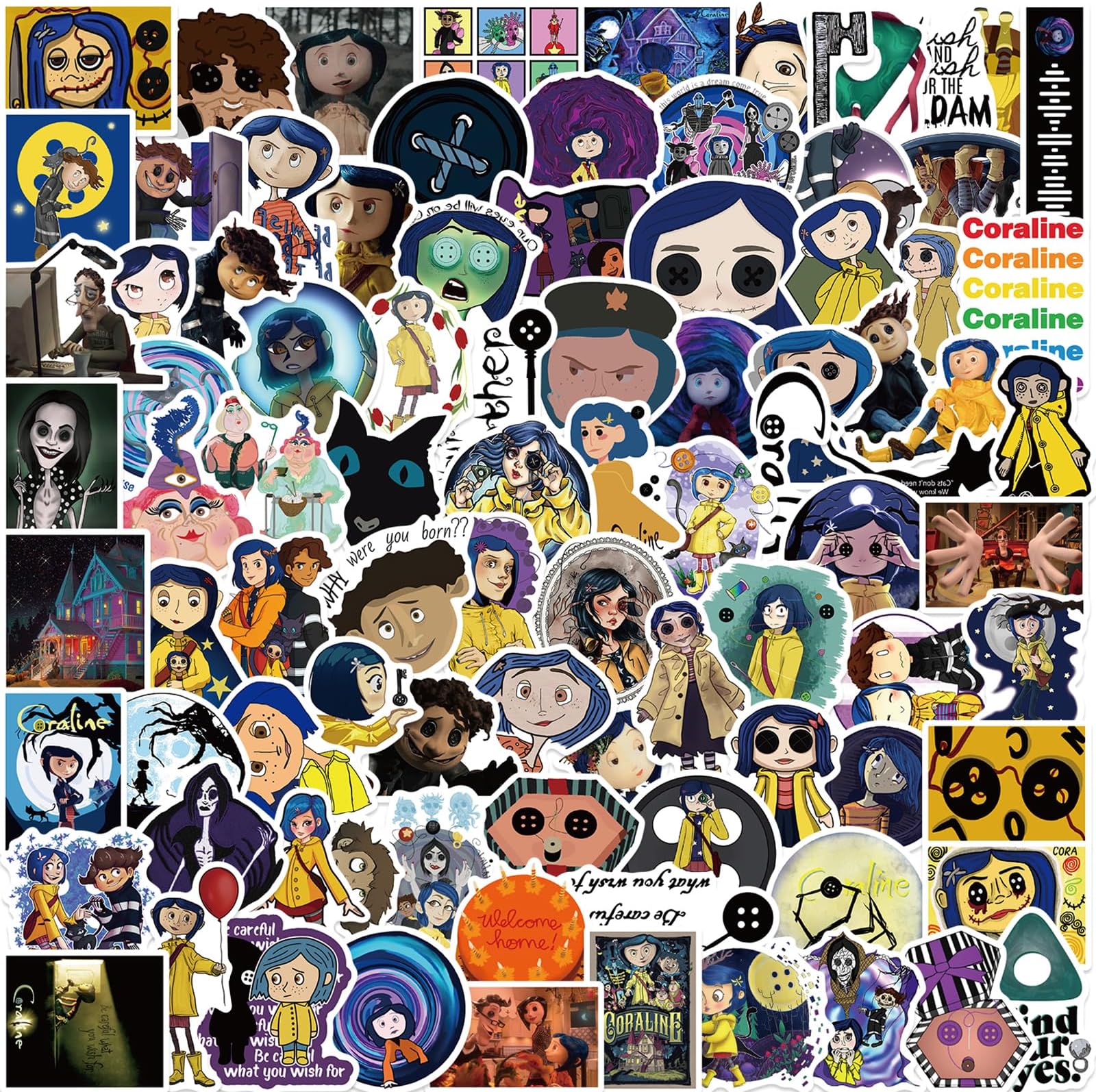 100pcs Coraline & The Secret Door Classic Movie Stickers Cartoon Waterproof Vinyl Decals for Water Bottle Laptop Guitar Car Luggage Skateboard Manga Gifts for Kids Teens Girls Boys (Blue)