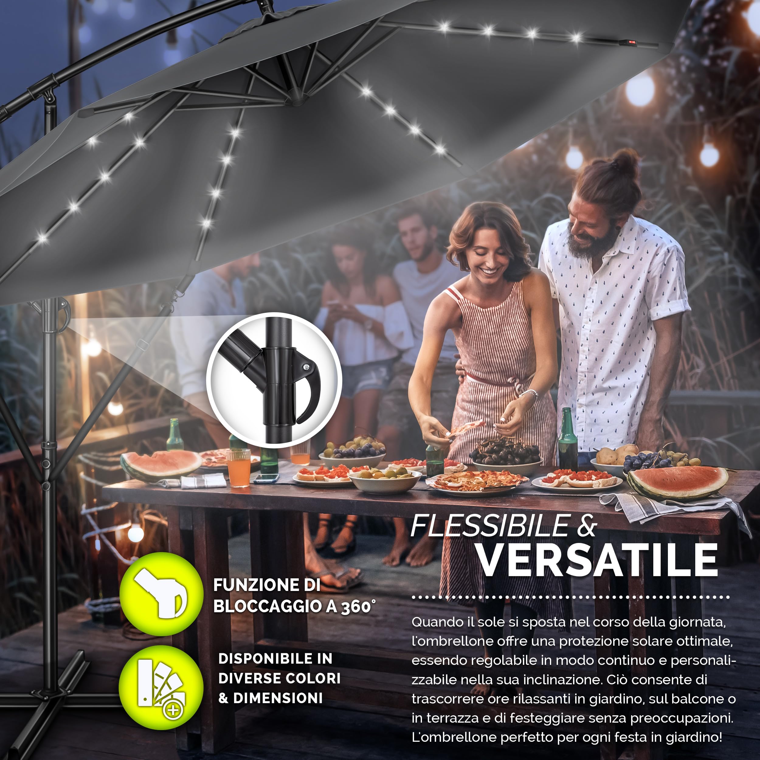 Tillvex Ombrellone Giardino LED Solar Ø300 cm Manovella Base | Interruttore UV-Proof Alluminio Impermeabile