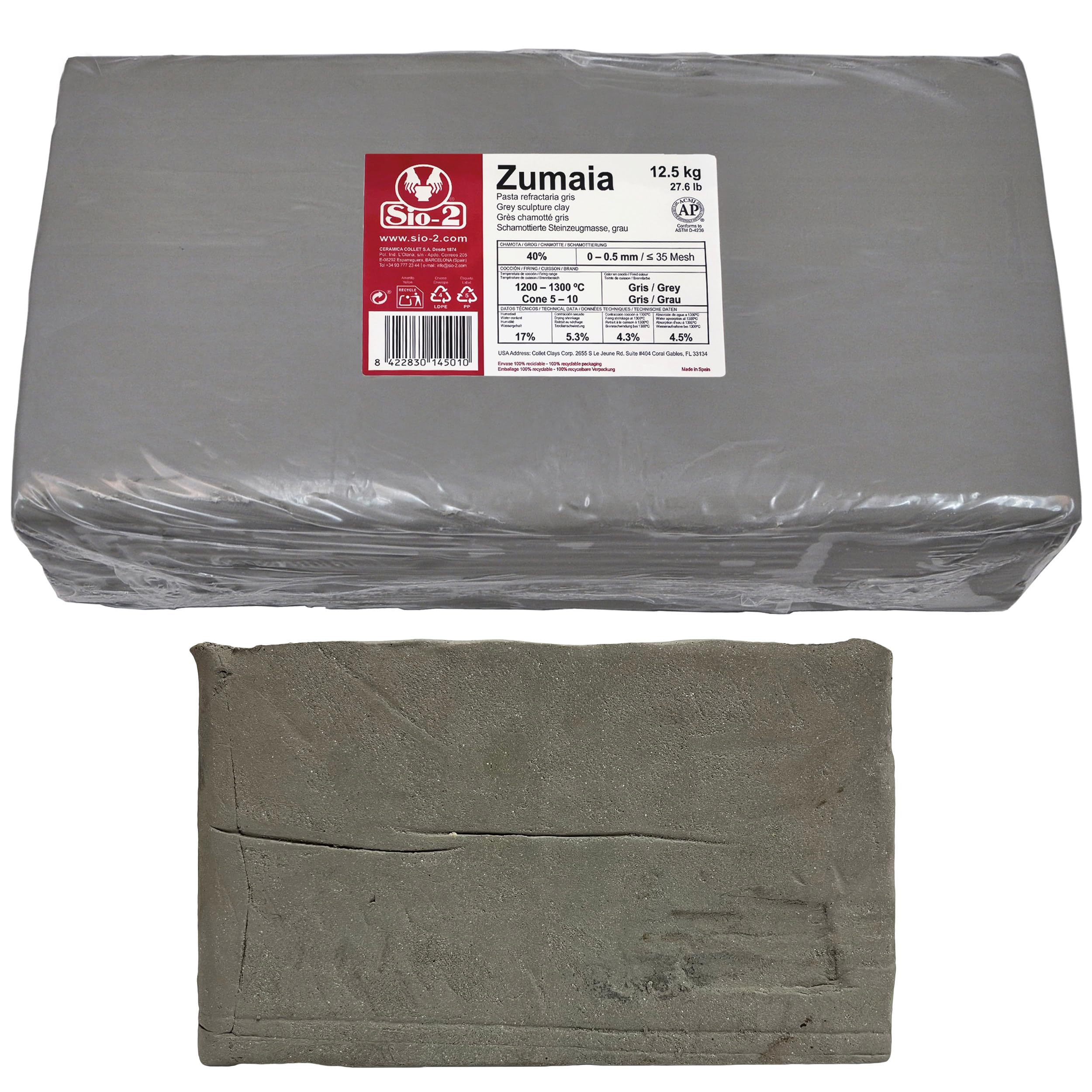 SIO-2 Zumaia Grey High Fire Sculpture Clay, 27.6 lb (Cone 5-10) Natural Modeling Pottery Clay for Sculpting & Hand Building