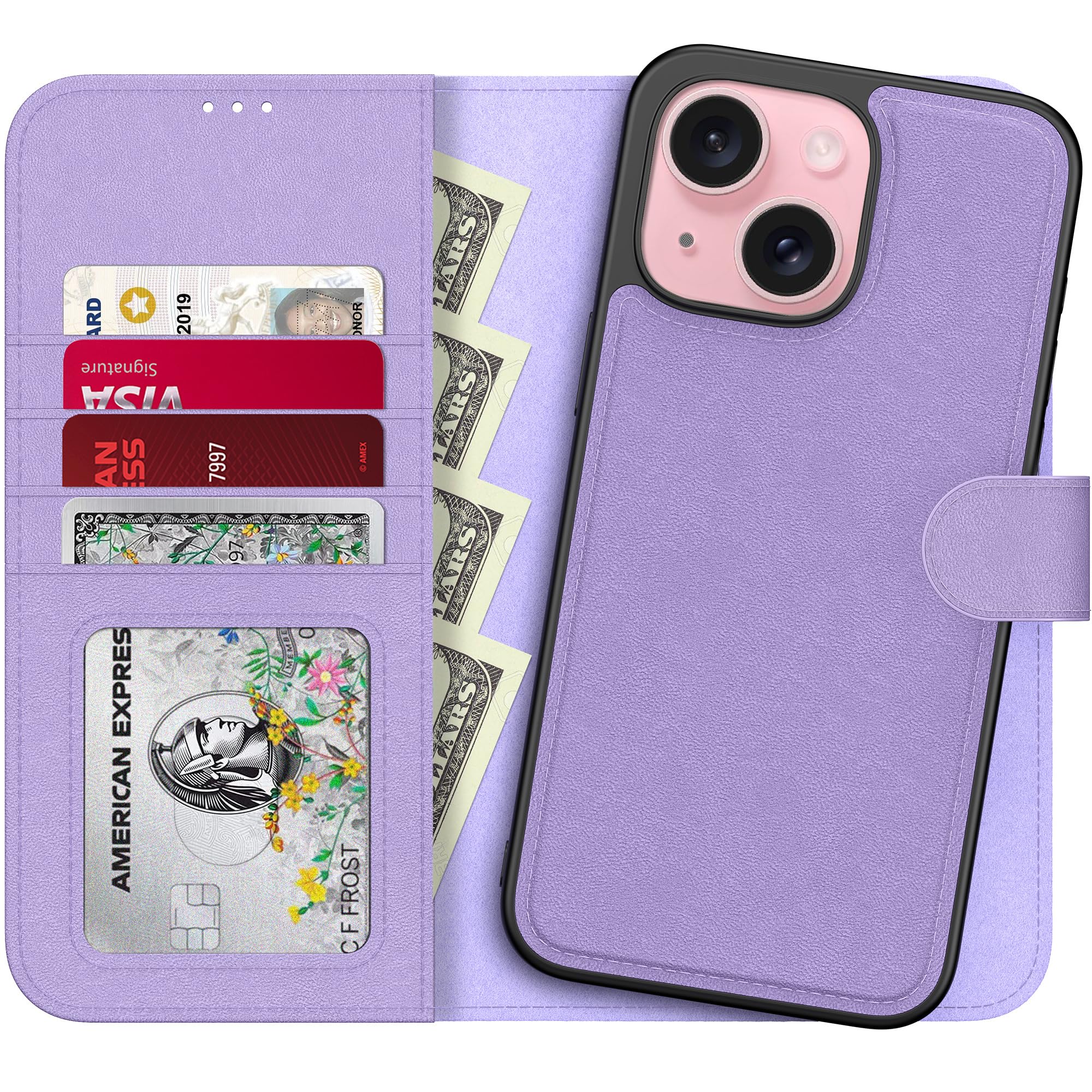 LUMARKE Designed for iPhone 15 Plus Wallet Case - Detachable Flip Folio Cover - RFID Blocking 4 Card Slots Holder - Leather Magnetic Kickstand -