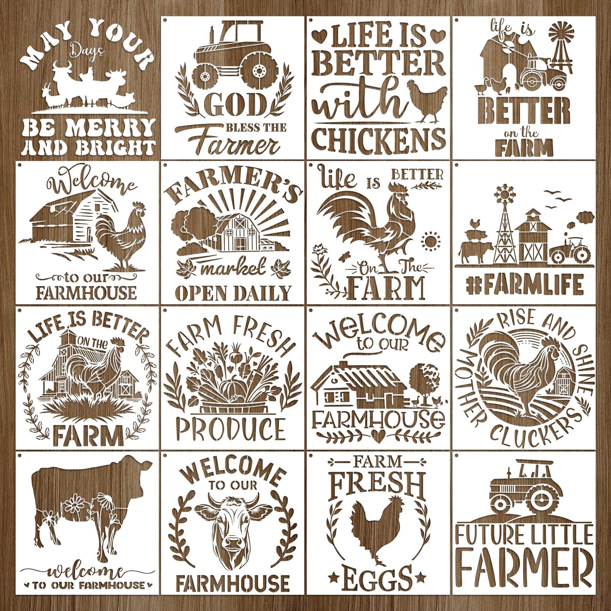 Keluna Farmhouse Stencils for Painting - 16 Pcs Reuasble Farm Animal Cow Chicken Reusable Stencils for Wood Burning Crafts Fabric Farm Sign Home Decor