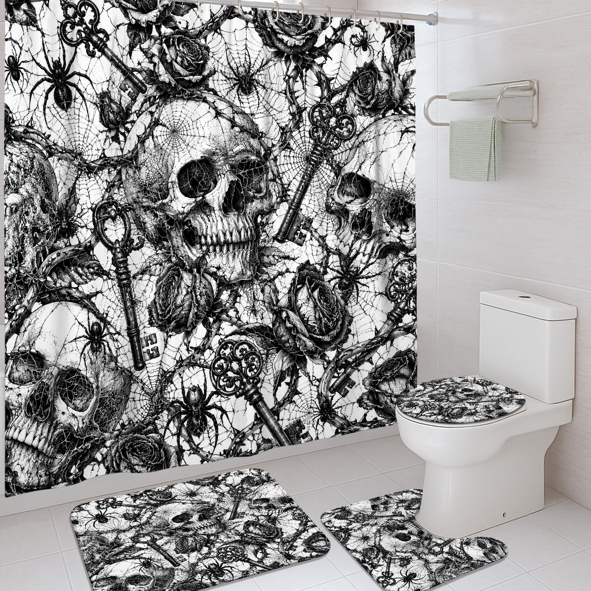 Rideau de douche étanche 183x183 motif tête de mort rose tissu anti-moisissure lavable