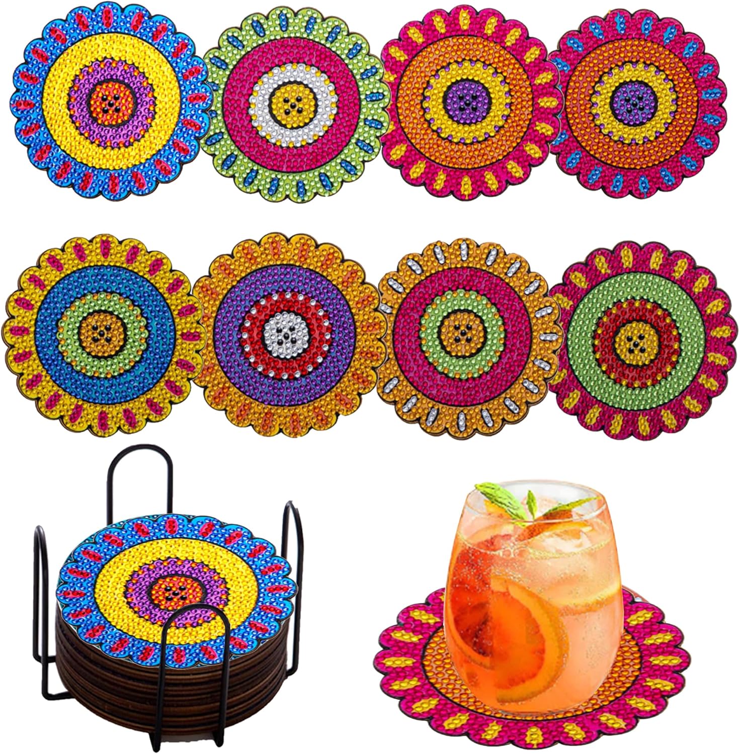 Diamond Painting Coasters Kit with Holder,Wooden Pad + Acrylic Board Double Layer is Strong and Wear-Resistant,Mandala DIY Diamond Art Coasters, Family Entertainment Art Craft Supplies Gift (CM2)