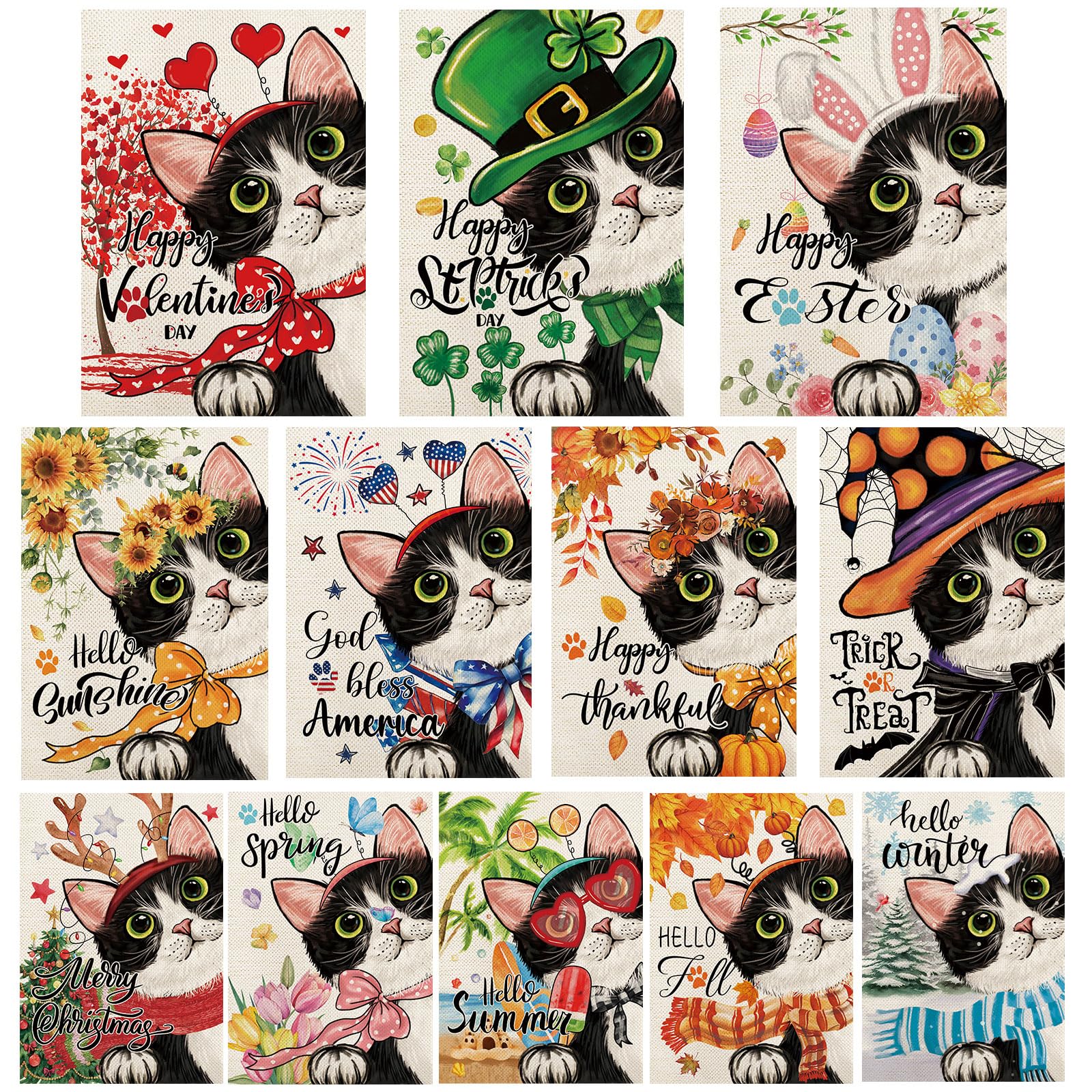 YOVOYOA Gartenflaggen Set – 12 Stück Mit Schwarzen Katzen-Motiven, Doppelseitig, 30,5 X 45,7 Cm, Für Alle Jahreszeiten
