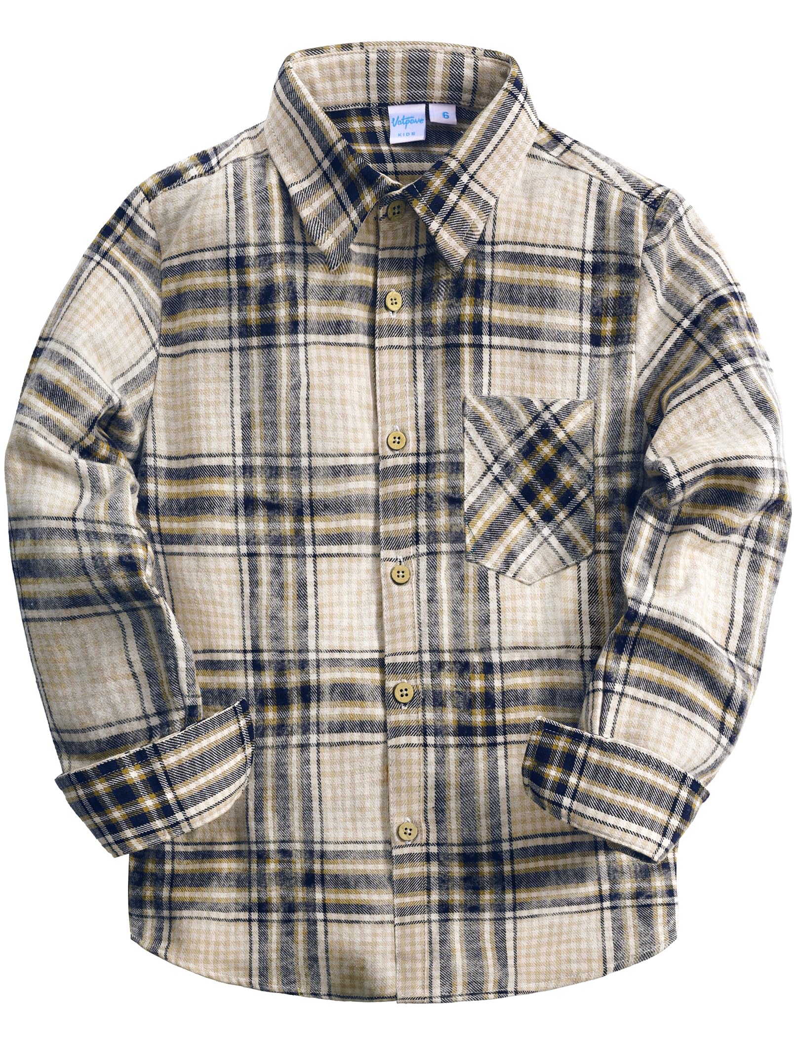 VATPAVE Boys Flannel Button Down Shirt Casual Long Sleeve Plaid Shirts 6-14 Years Beige...
