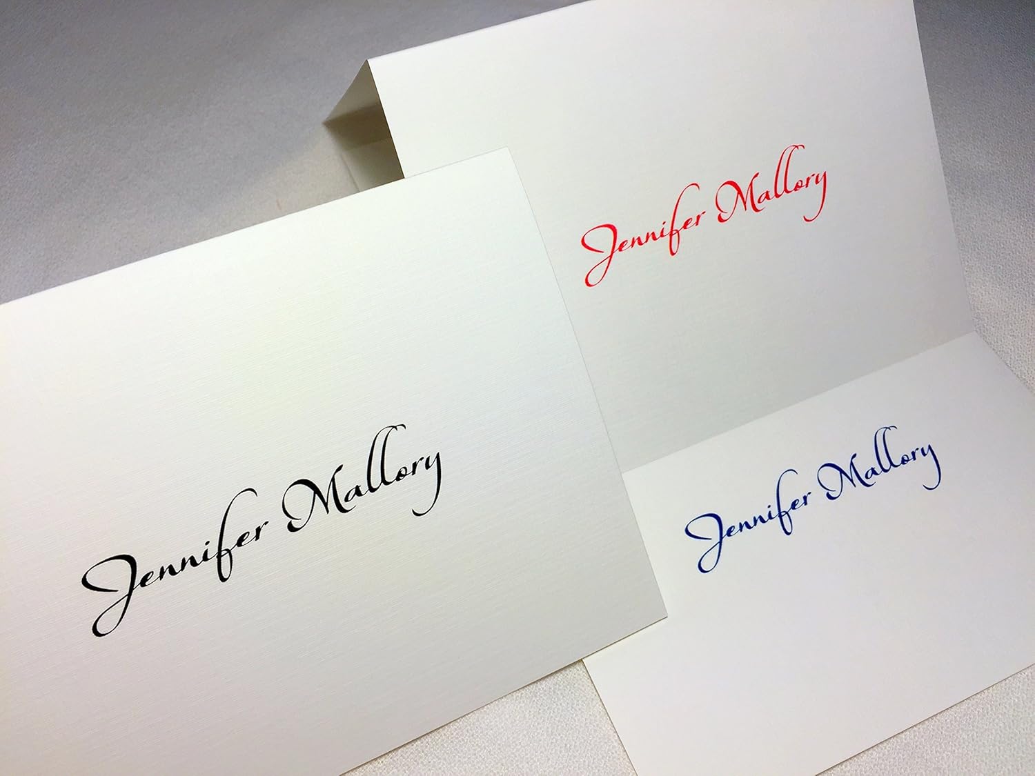 50 Note Cards Personalized with Any Name. Set of 50 with Matching Envelopes. Choose Black, Berry Red, or Blue Printed on White Linen Textured Card Stock. A Great Personalized Gift!